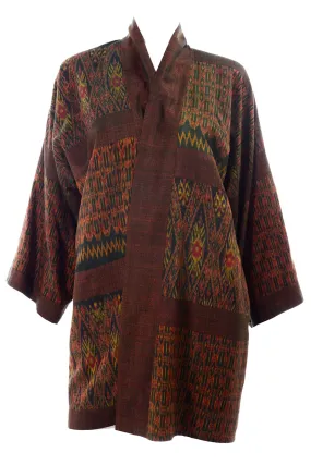 1960s Vintage Olive Green Rust Print Japanese Kimono Jacket