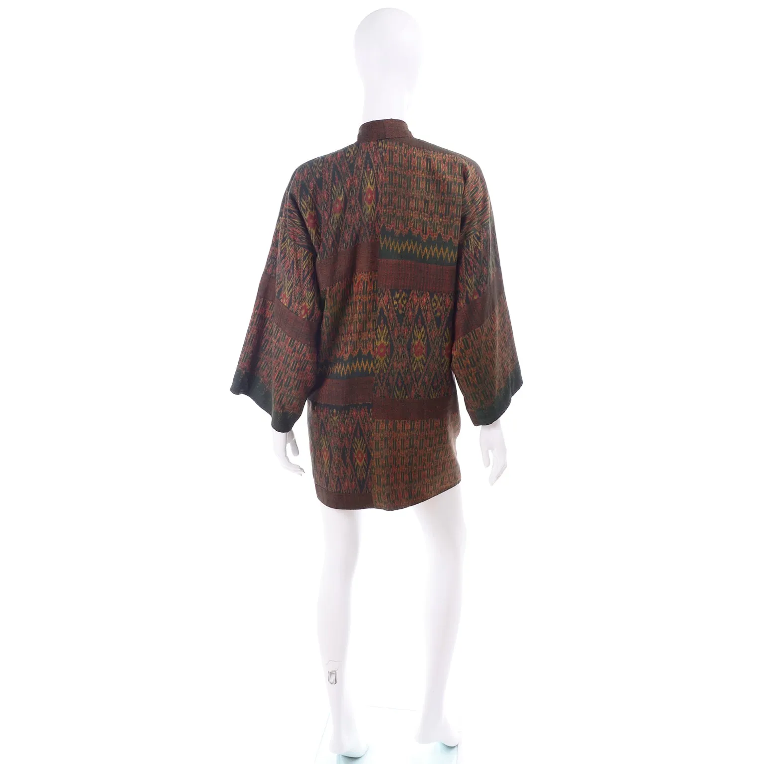 1960s Vintage Olive Green Rust Print Japanese Kimono Jacket