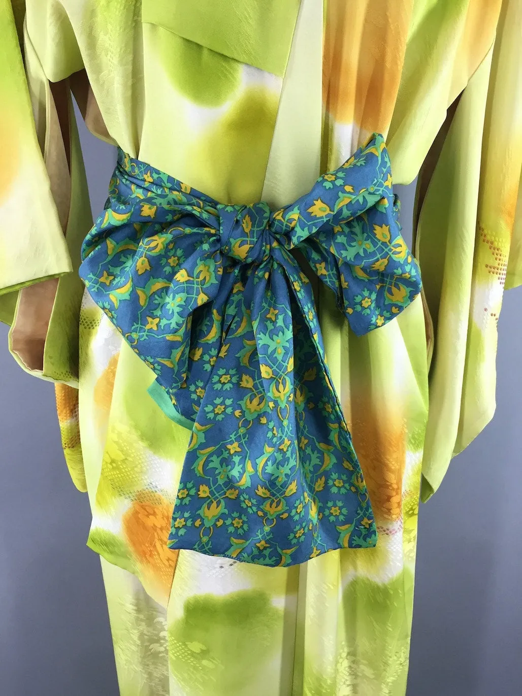 1960s Vintage Silk Kimono Robe in Psychedelic Acid Green Metallic Embroidery