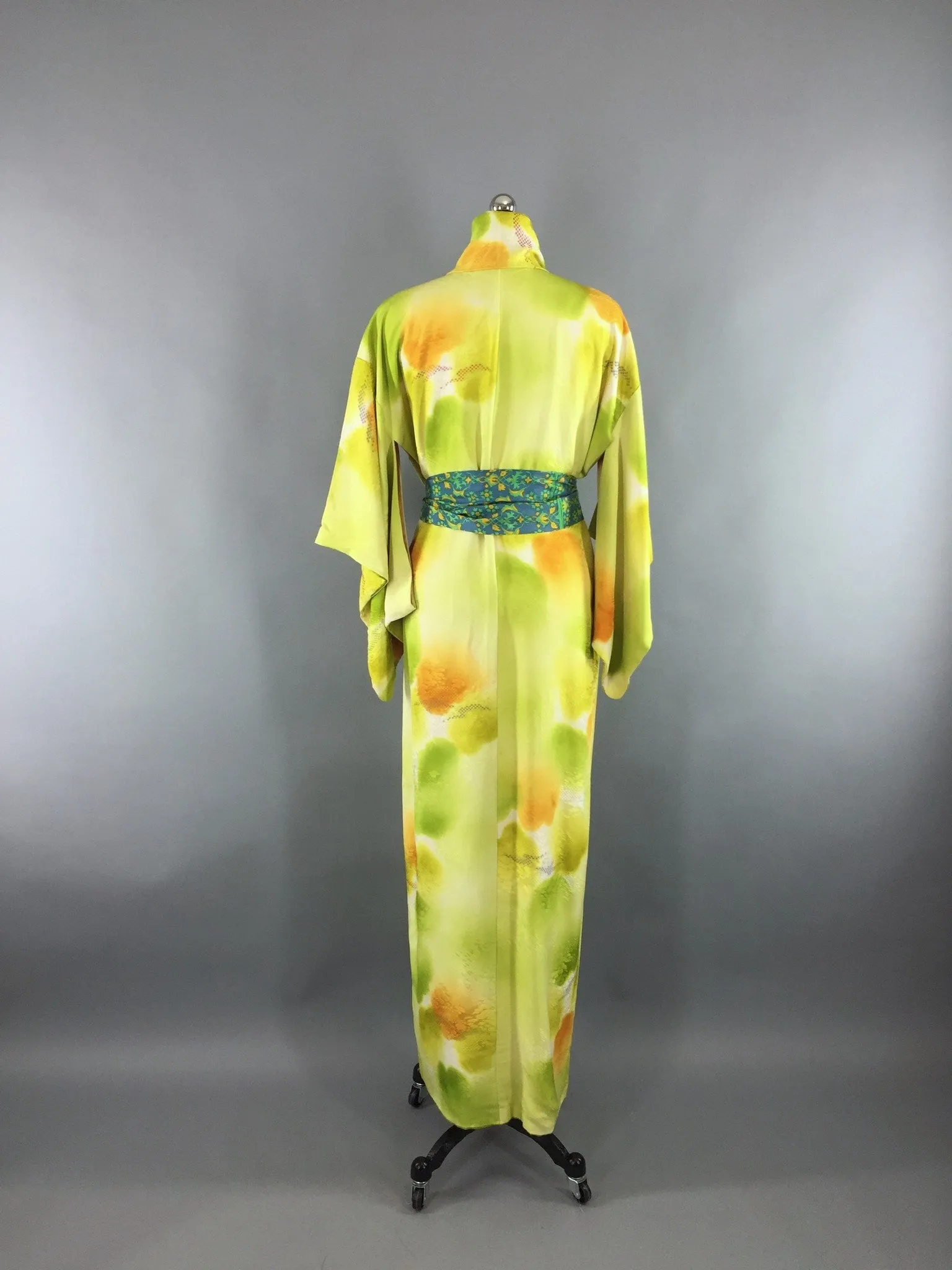 1960s Vintage Silk Kimono Robe in Psychedelic Acid Green Metallic Embroidery