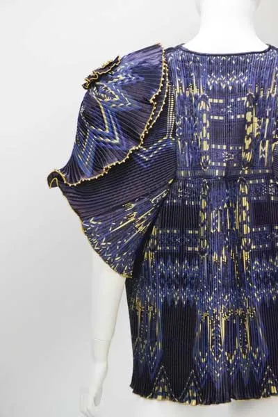 1970s Zandra Rhodes Navy and Gold Pleated Jacket