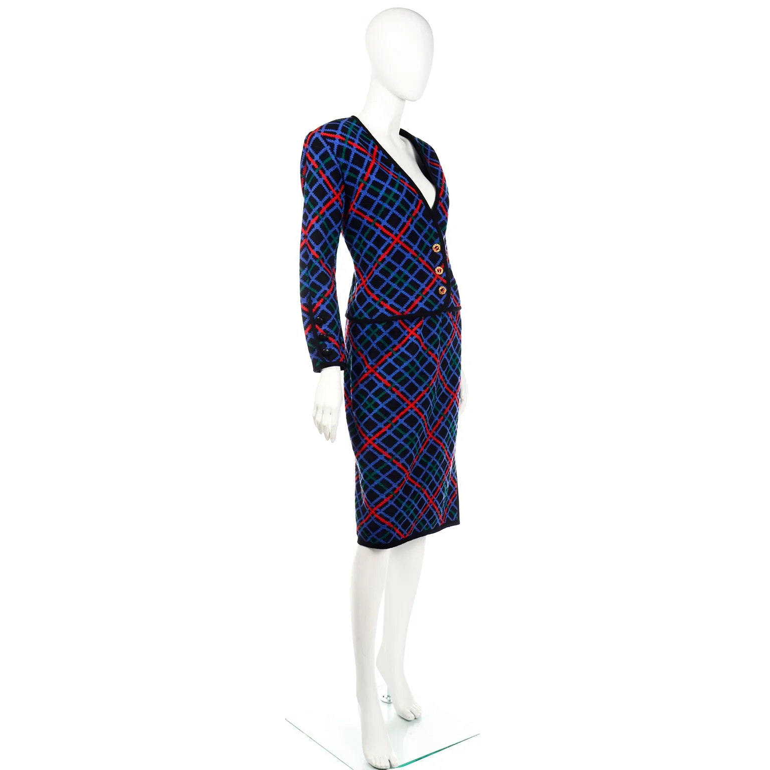 1985 Yves Saint Laurent Red Blue & Black Knit Vintage Skirt & Jacket Suit