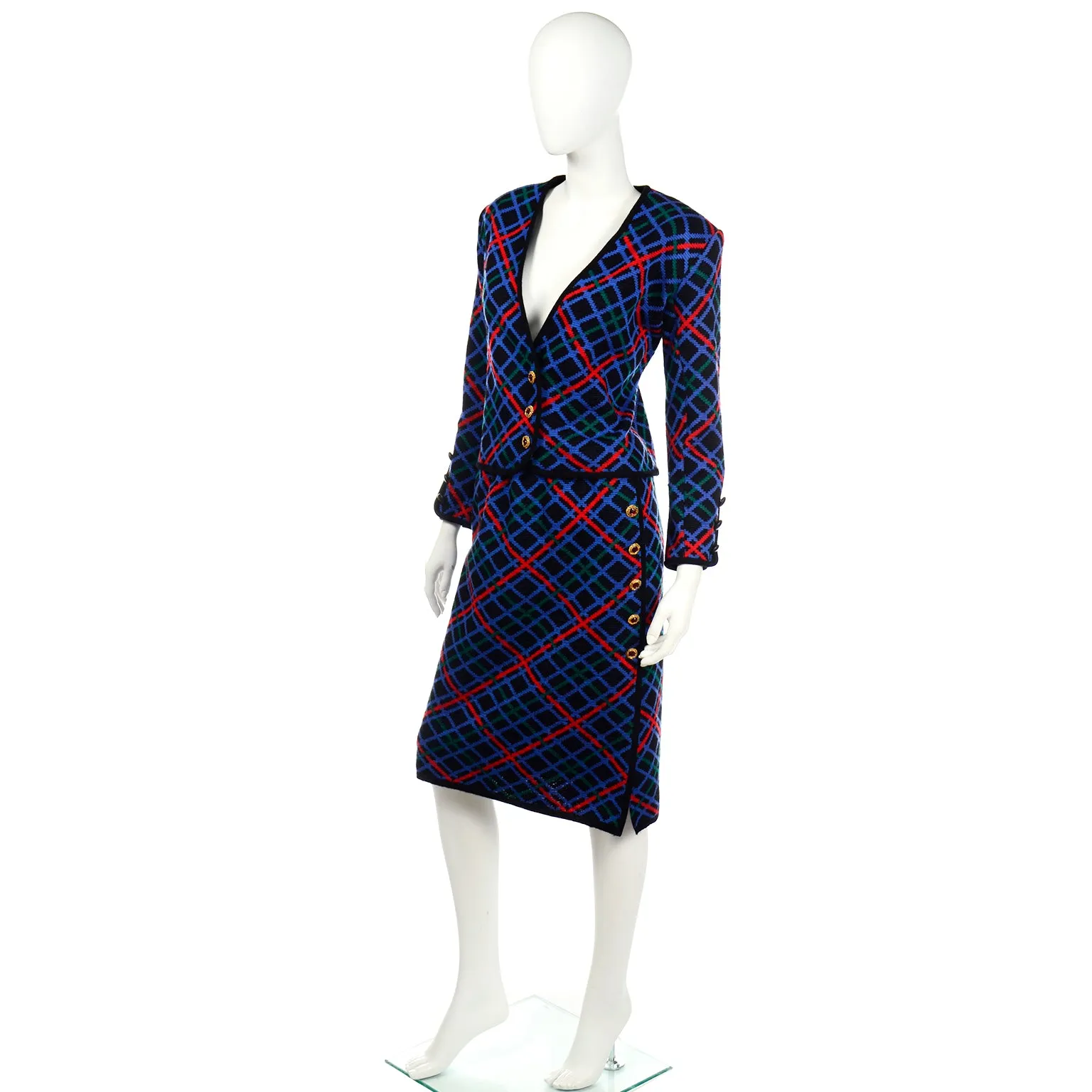 1985 Yves Saint Laurent Red Blue & Black Knit Vintage Skirt & Jacket Suit