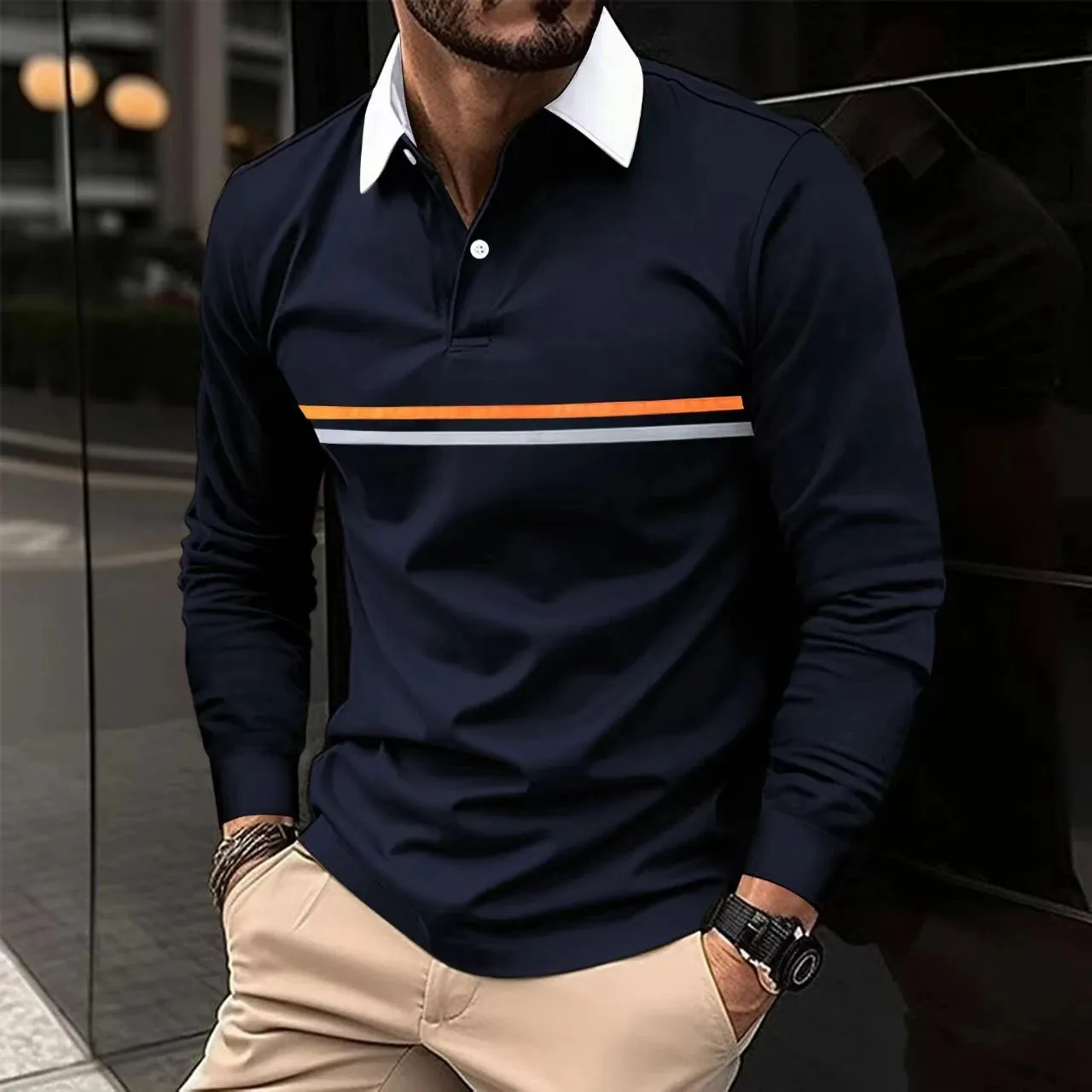 2024 Men New Stripe Long Sleeve Polo Shirt , Men Casual Simple Style Polo Shirt .