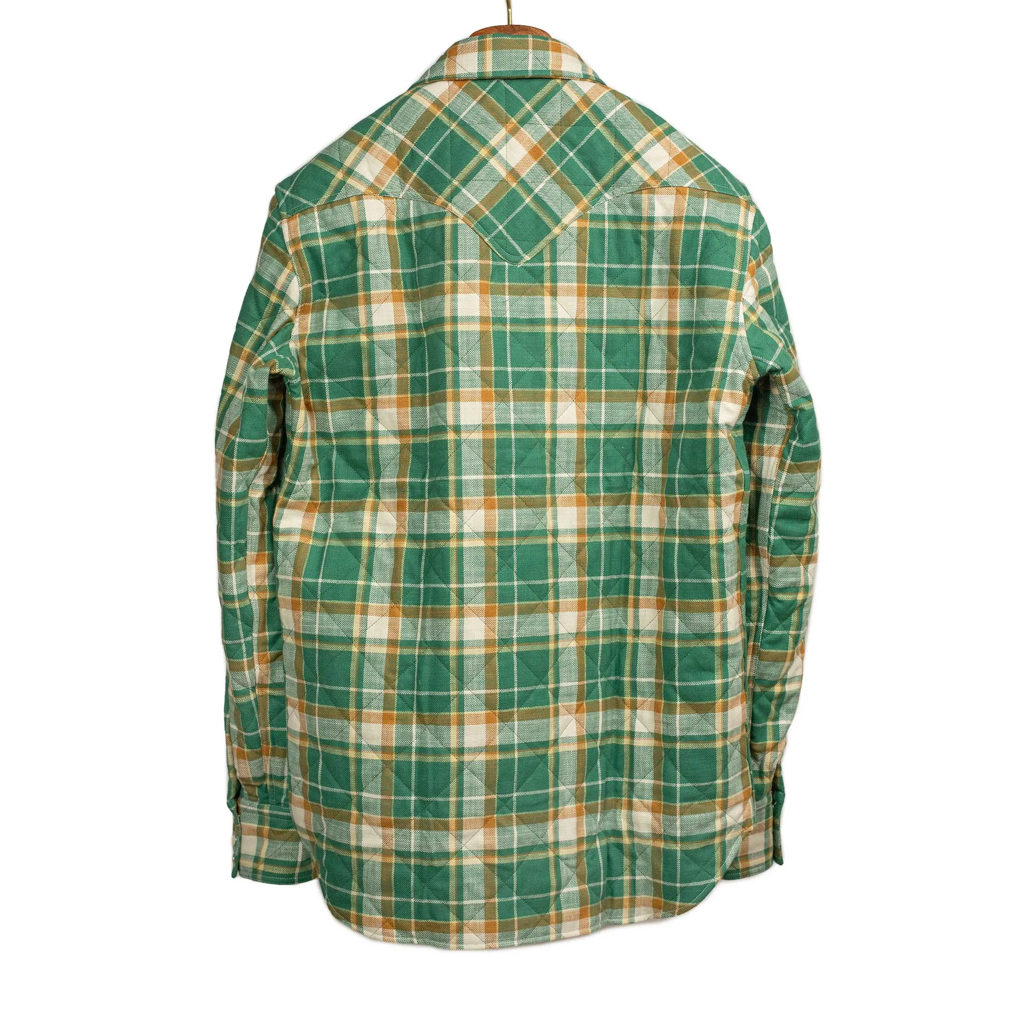 Aariosto quilted western shirt jacket in green and gold cotton plaid