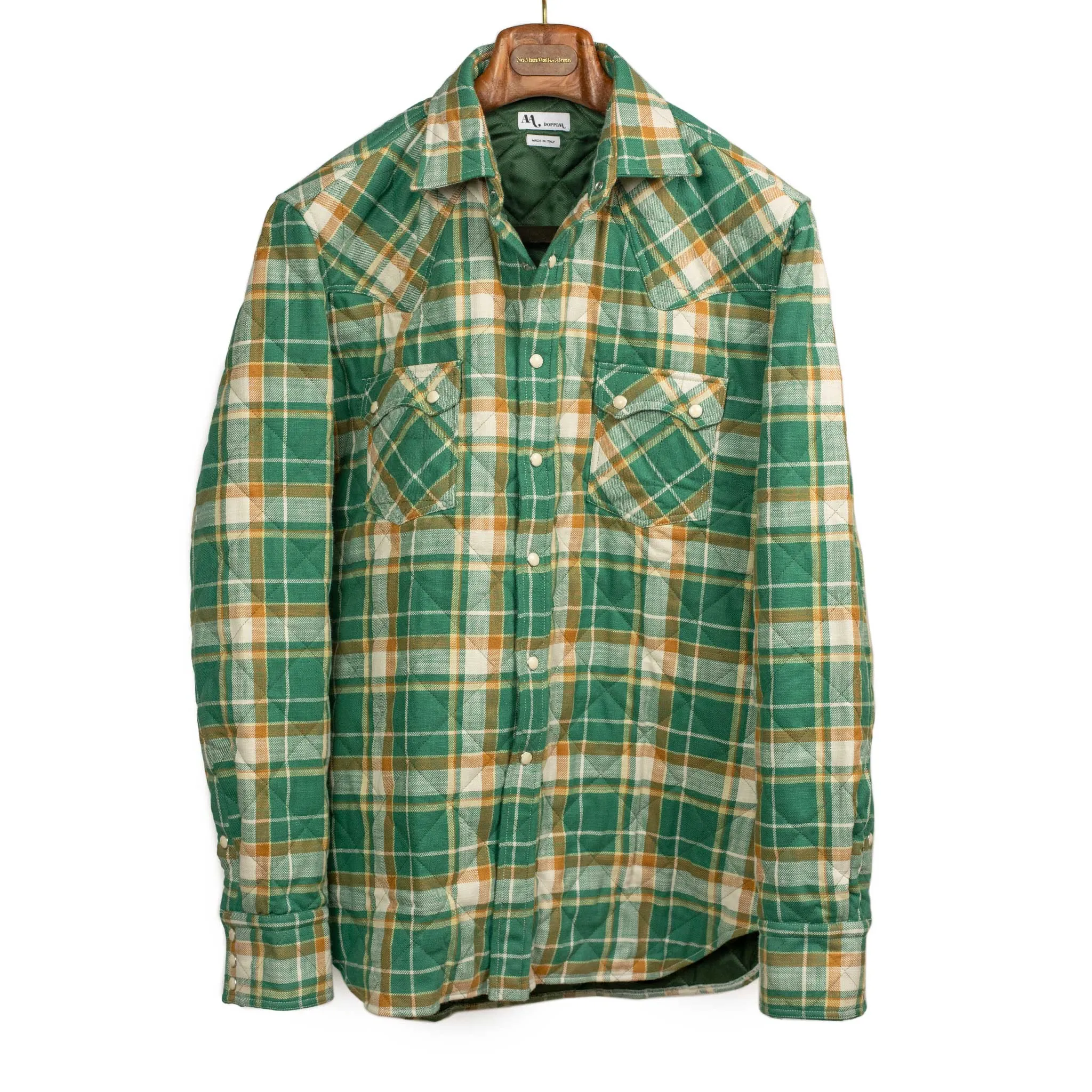 Aariosto quilted western shirt jacket in green and gold cotton plaid