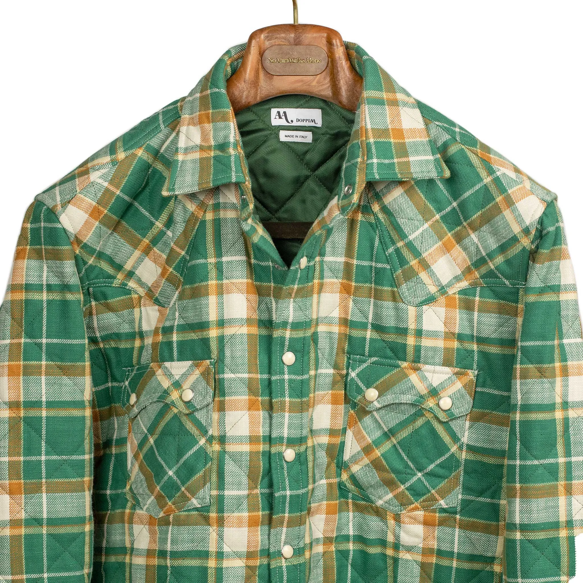 Aariosto quilted western shirt jacket in green and gold cotton plaid