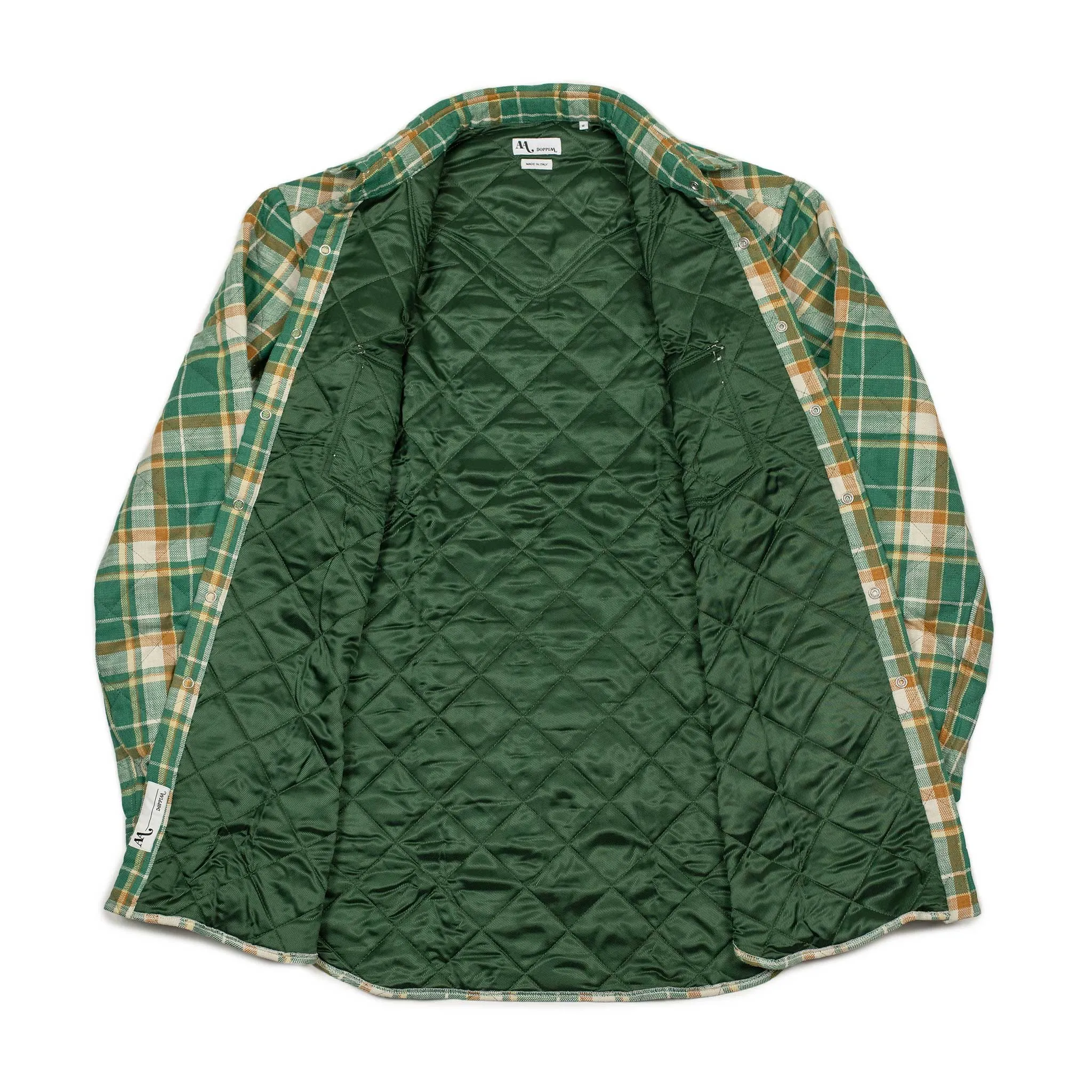 Aariosto quilted western shirt jacket in green and gold cotton plaid