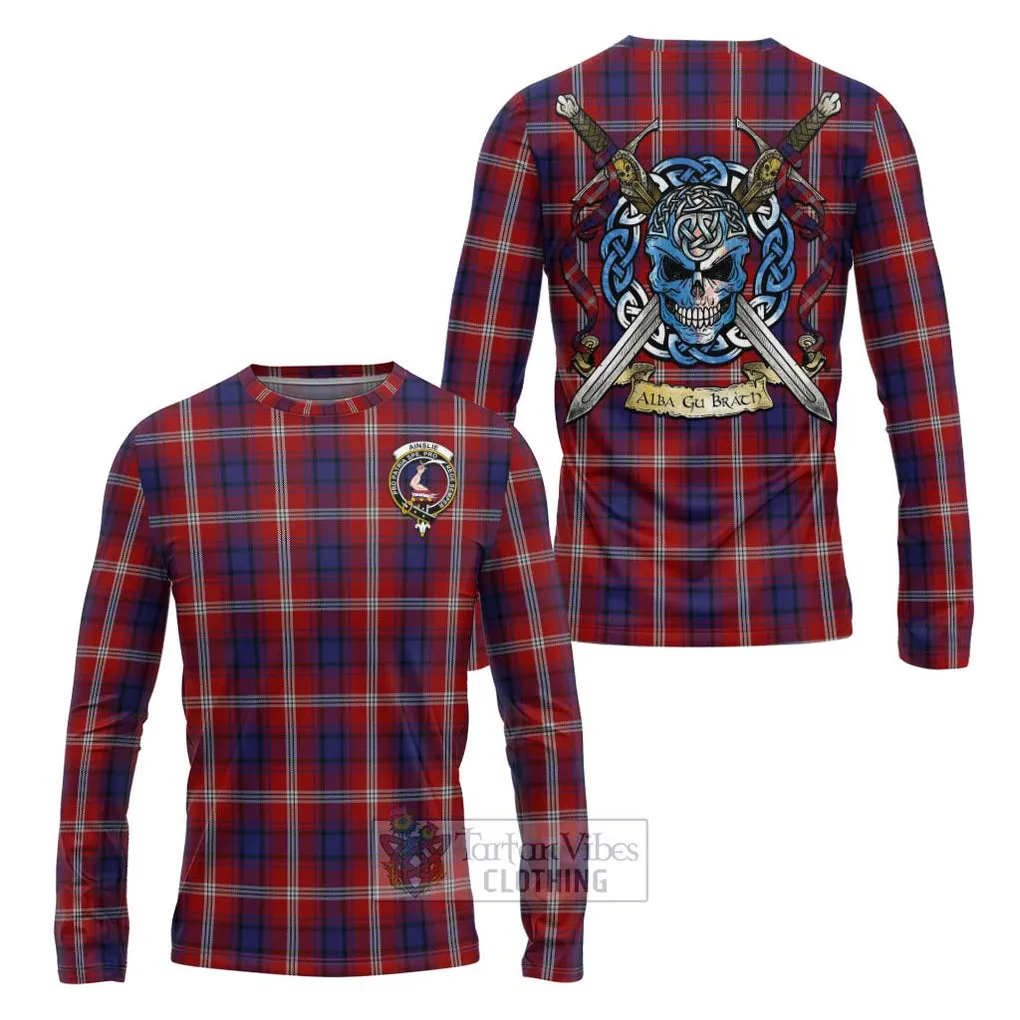 Ainslie Tartan Long Sleeve T-Shirt with Family Crest Celtic Skull Style