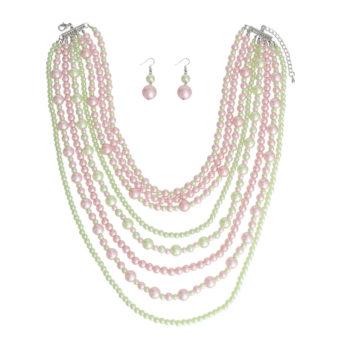 AKA Pink and Green Pearls 8 Strand Alpha Kappa Alpha Inspired Necklace Set