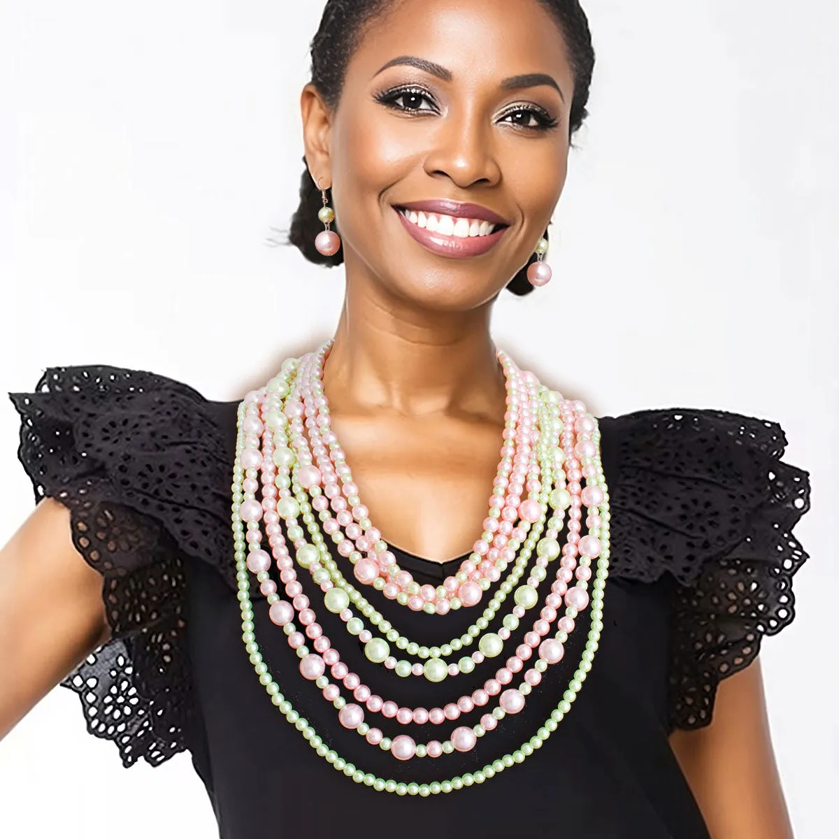 AKA Pink and Green Pearls 8 Strand Alpha Kappa Alpha Inspired Necklace Set