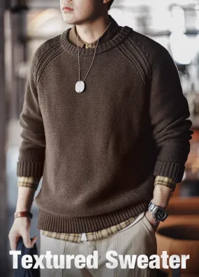 American Retro Heavy Woven Textured Raglan Sleeve Warm Men's Sweater