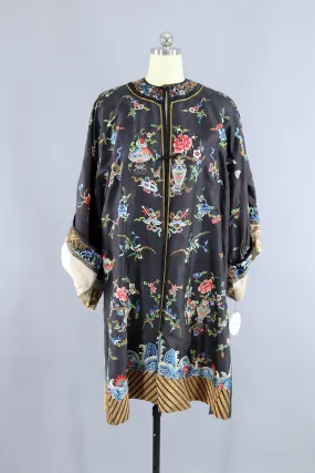 Antique 1850s-1890s Silk Forbidden Stitch Embroidered Chinese Court Robe Kimono