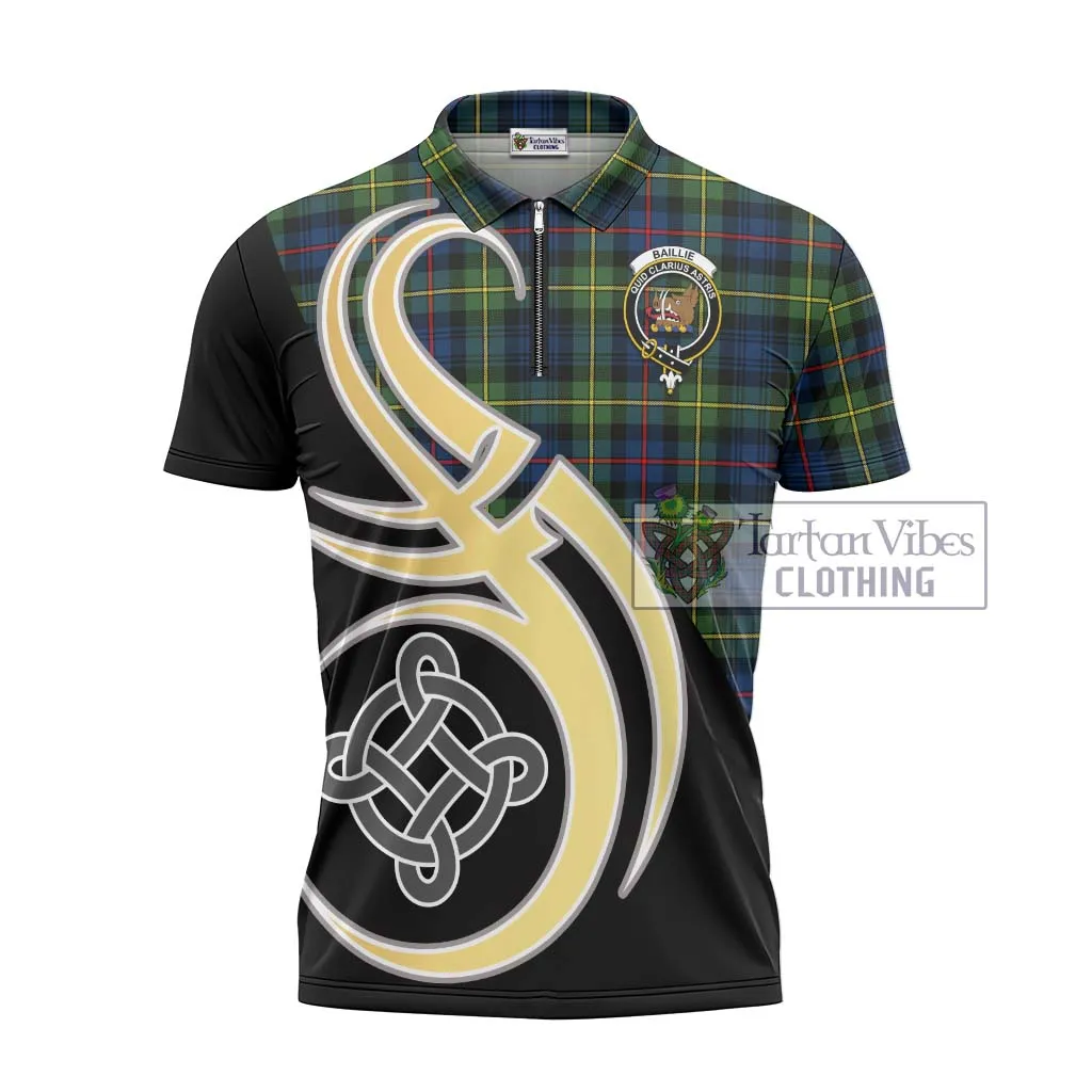 Baillie (Bailey) Tartan Zipper Polo Shirt with Family Crest and Celtic Symbol Style