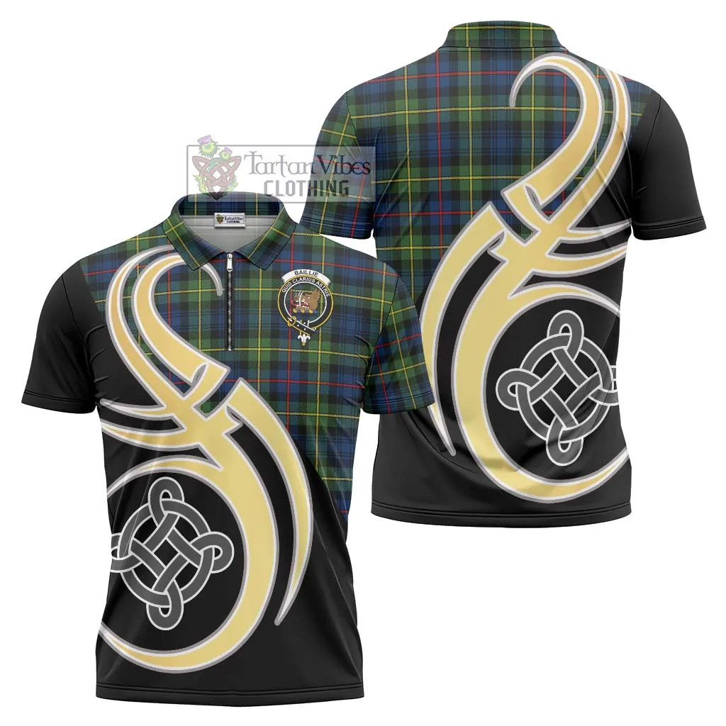 Baillie (Bailey) Tartan Zipper Polo Shirt with Family Crest and Celtic Symbol Style