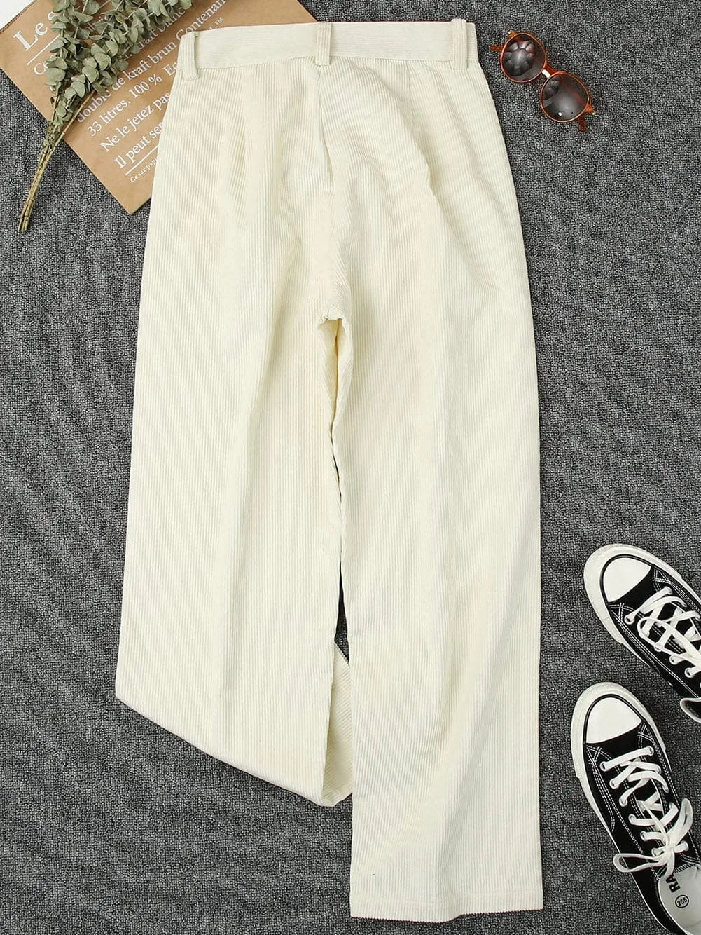 Beige Corduroy High Waist Trousers for Winter Casual Wear