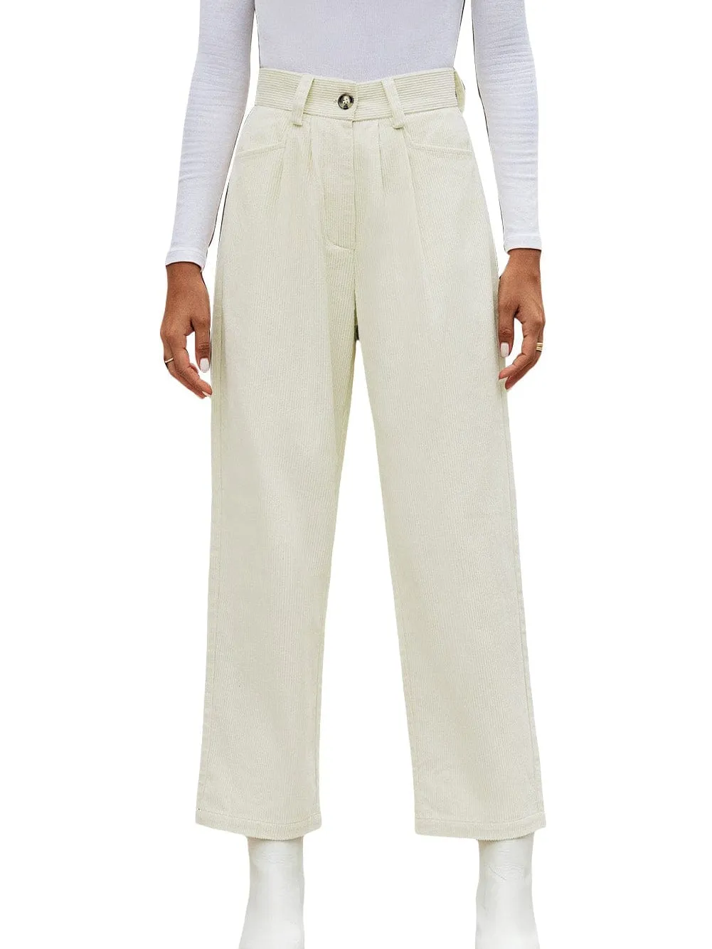 Beige Corduroy High Waist Trousers for Winter Casual Wear