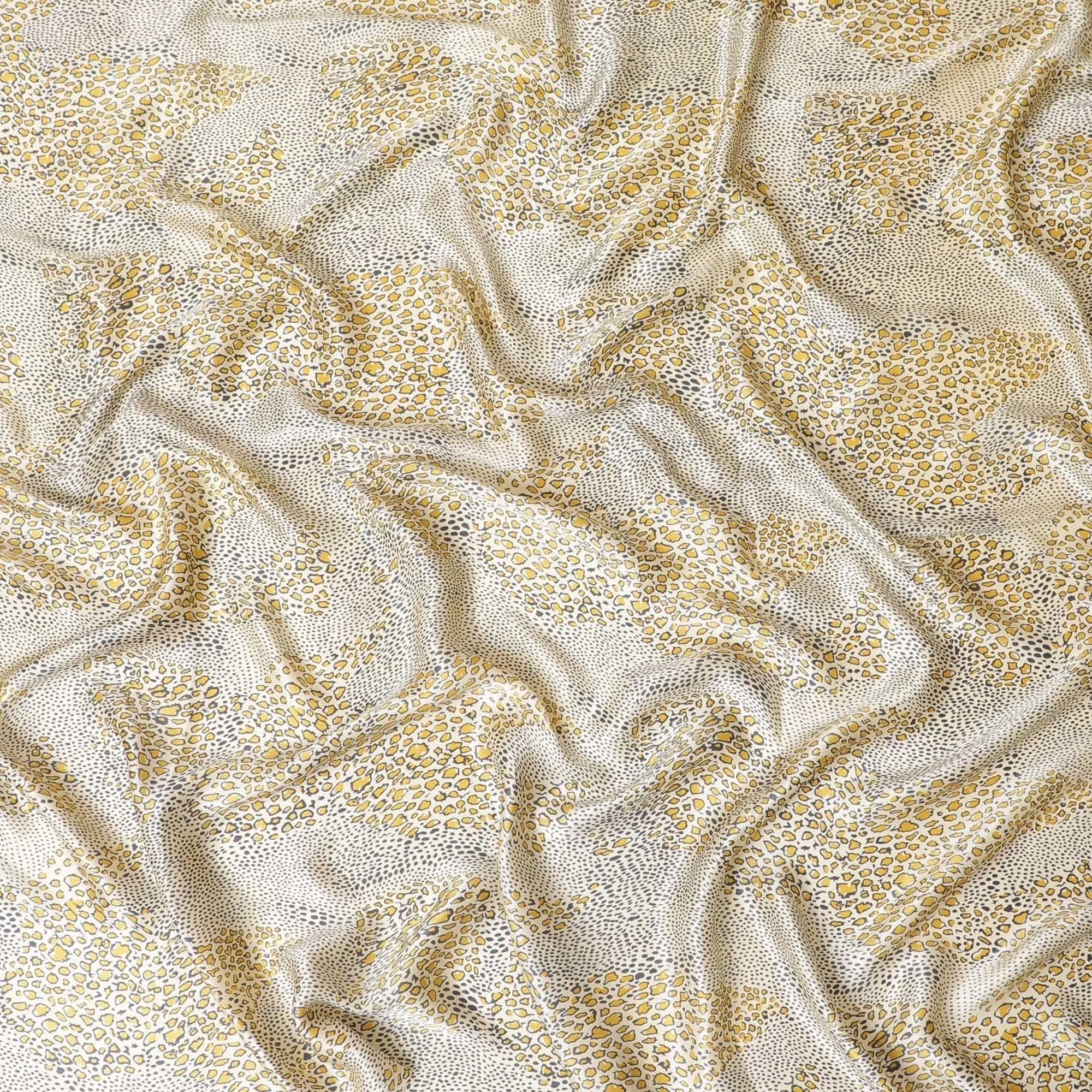 Beige premium 100% Pure silk satin fabric with mustard yellow and stone grey print in animal skin design-D9288