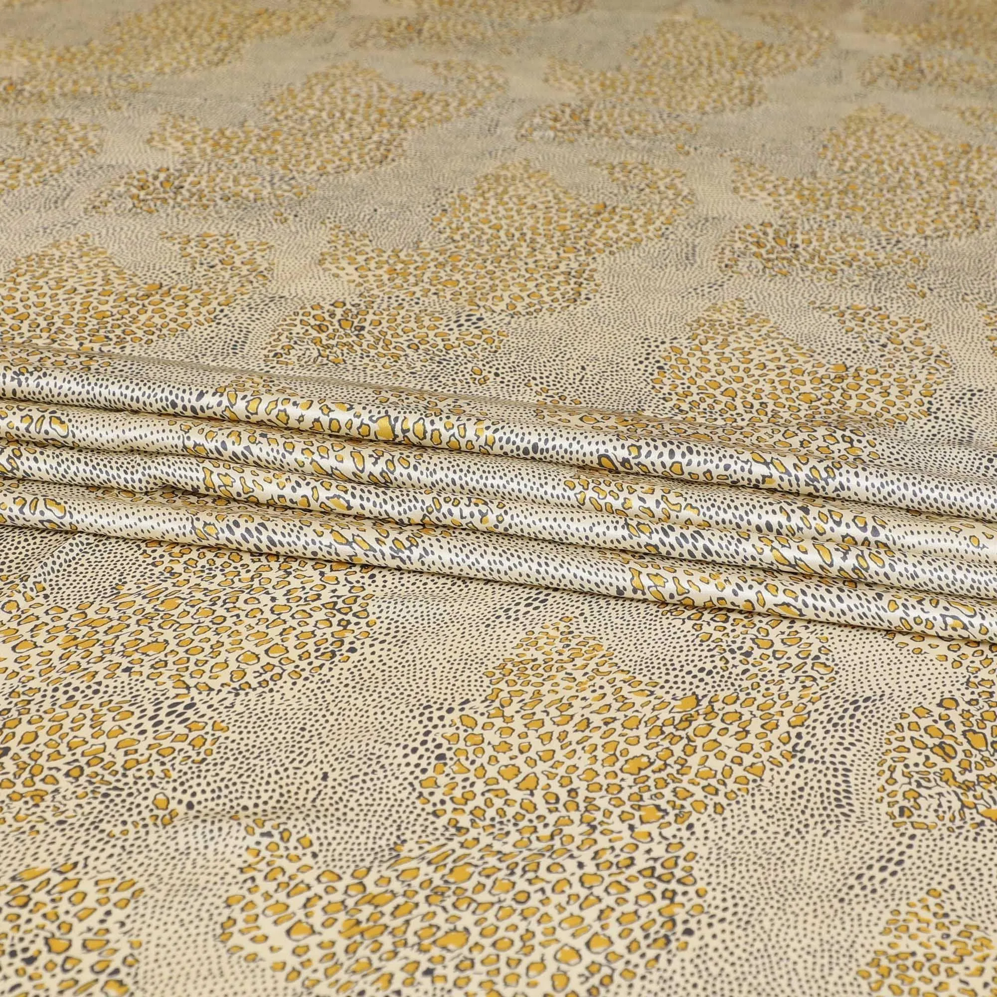 Beige premium 100% Pure silk satin fabric with mustard yellow and stone grey print in animal skin design-D9288