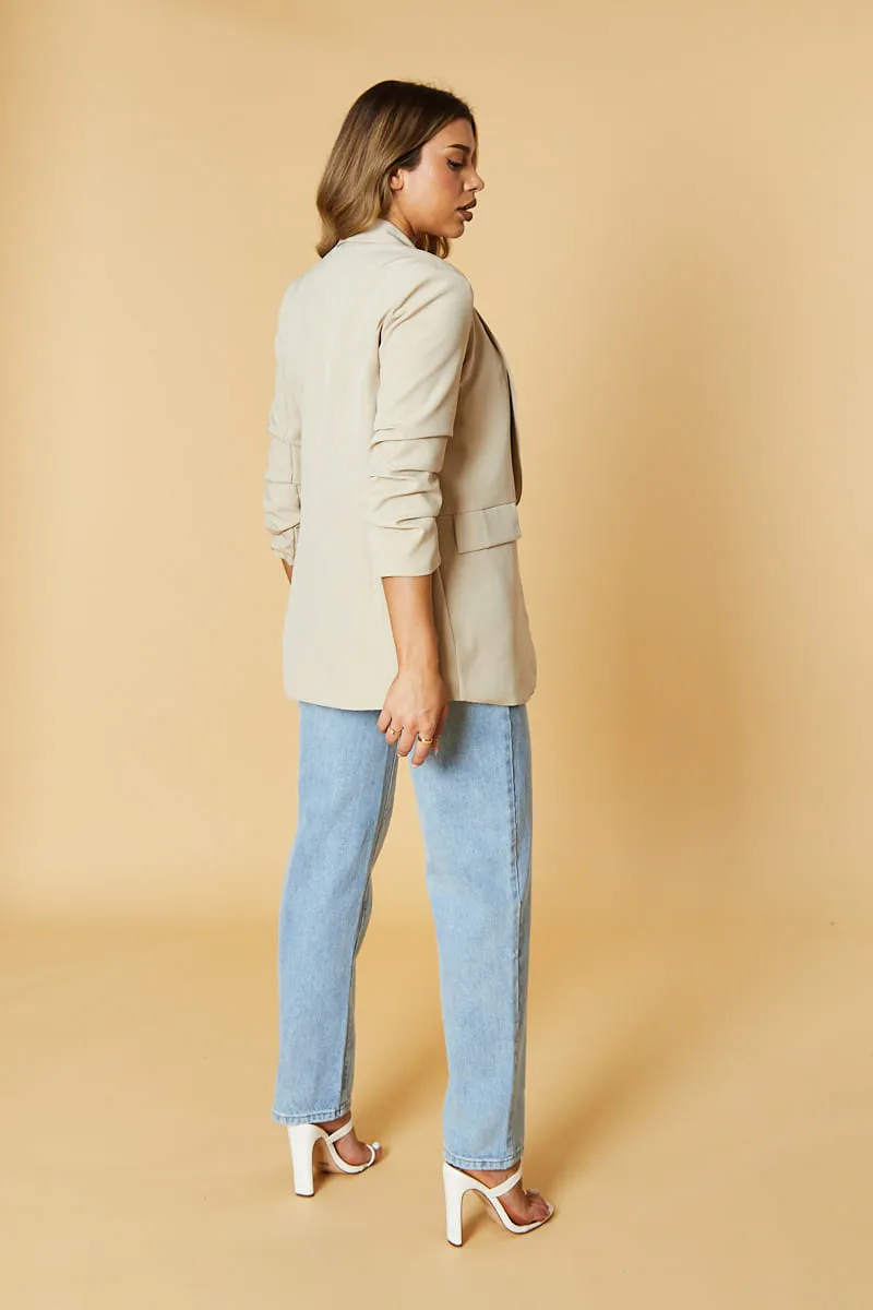 Beige Ruched Sleeves Longline Blazer - Emica