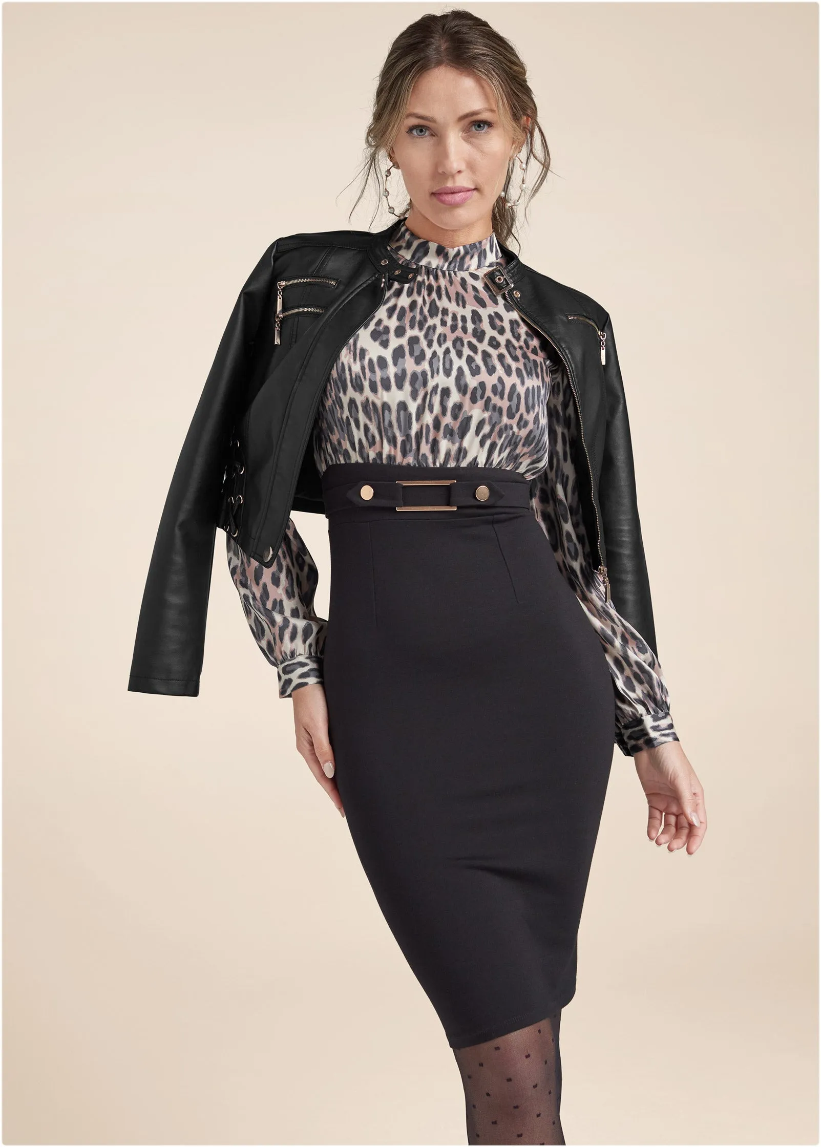 Belted Pencil-Skirt Dress - Brown & Black