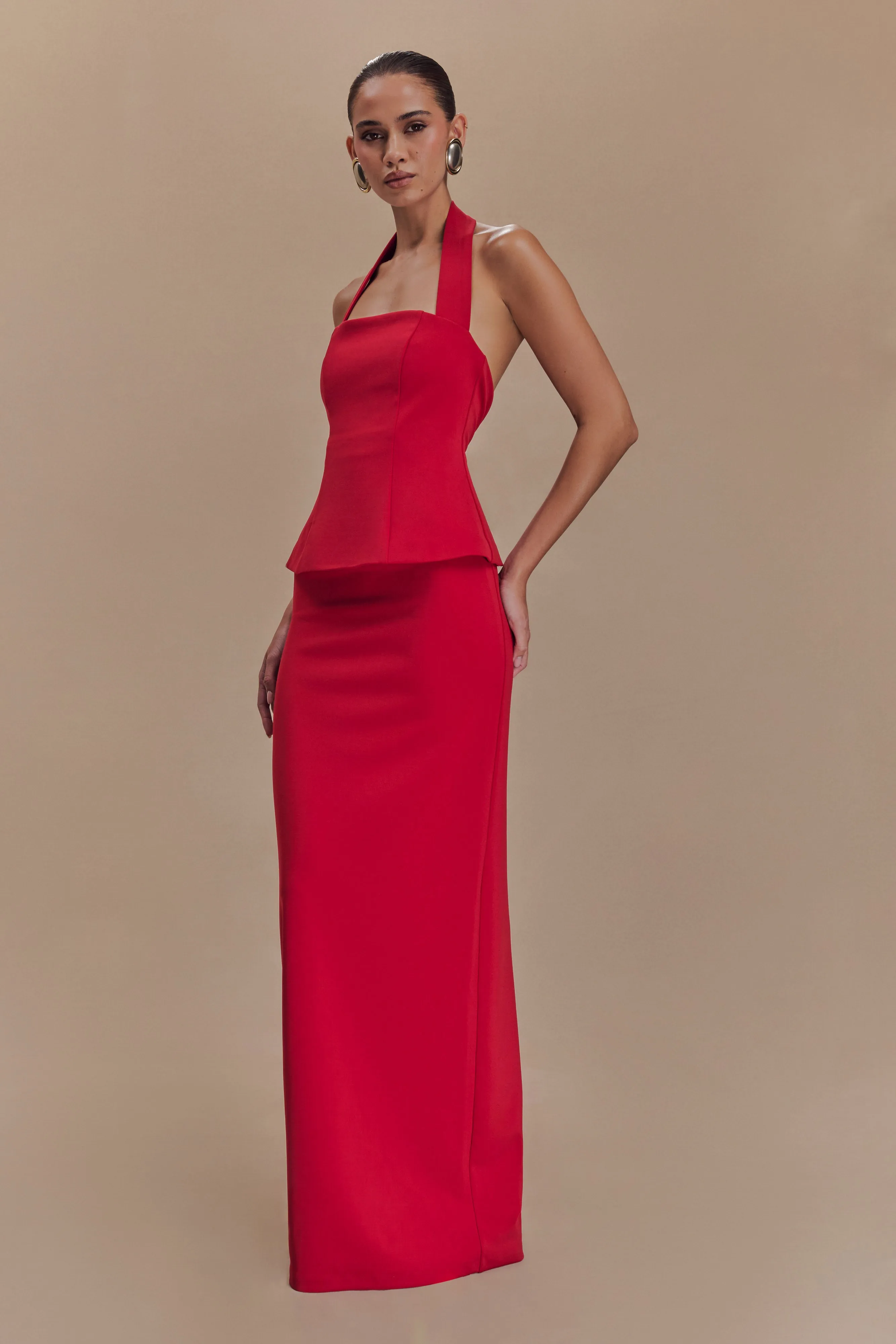 Bertie Peplum Halter Maxi Dress - Ruby