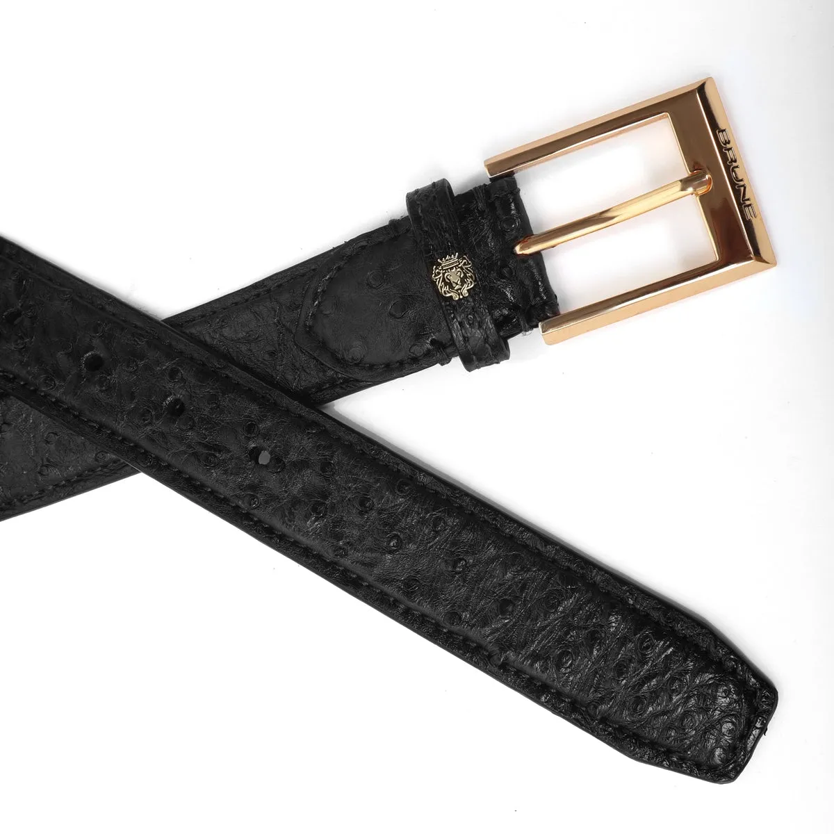 Black Authentic Ostrich Leather Belt with Golden Square Buckle