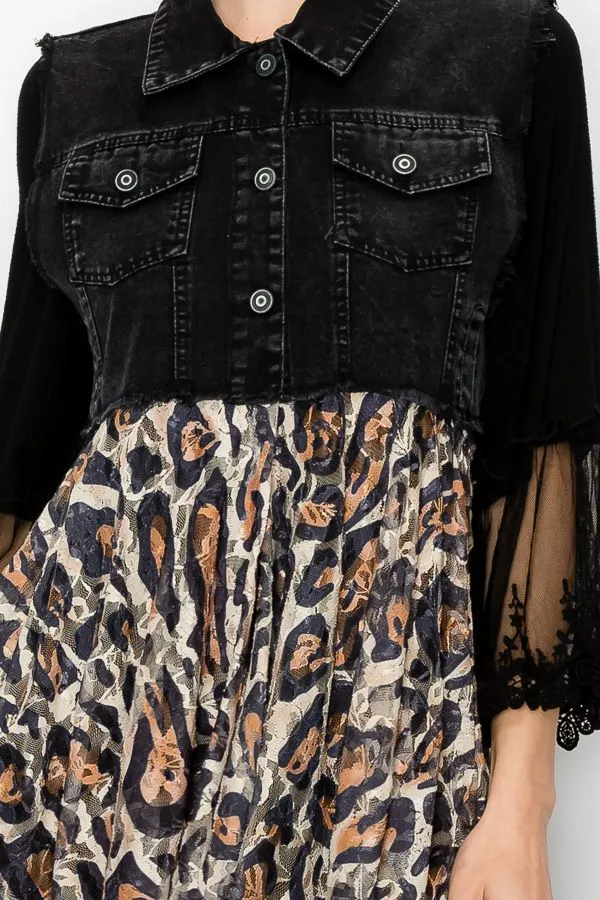 Black Denim & Lace Vest, Leopard