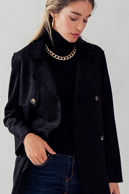 Black Double Breasted Soft Suede Trench Coat