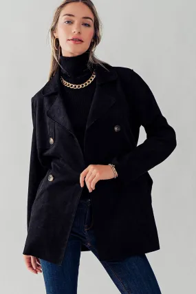 Black Double Breasted Soft Suede Trench Coat