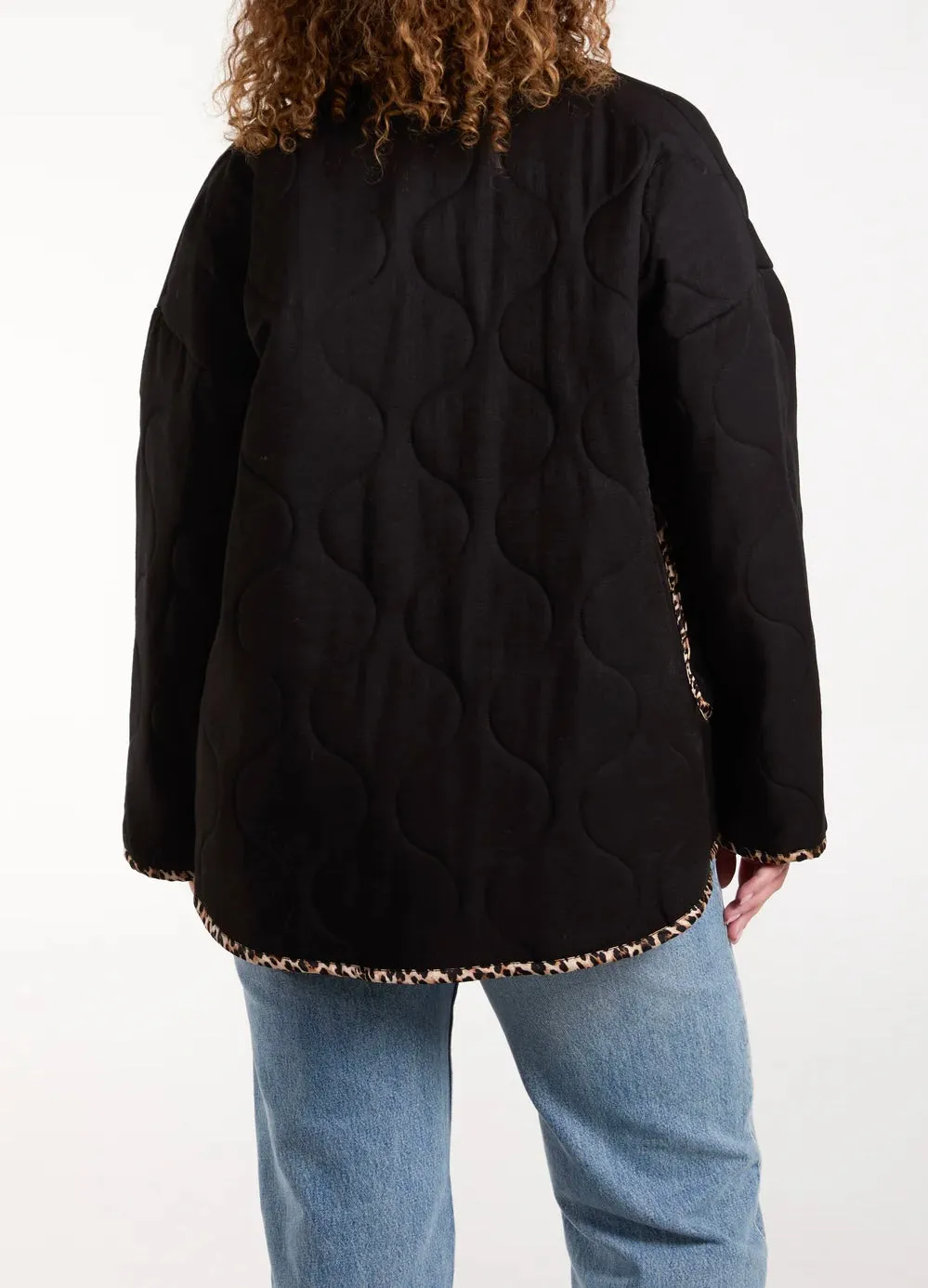 Black Edge To Edge Leopard Print Binding Detail Quilted Jacket With Pockets