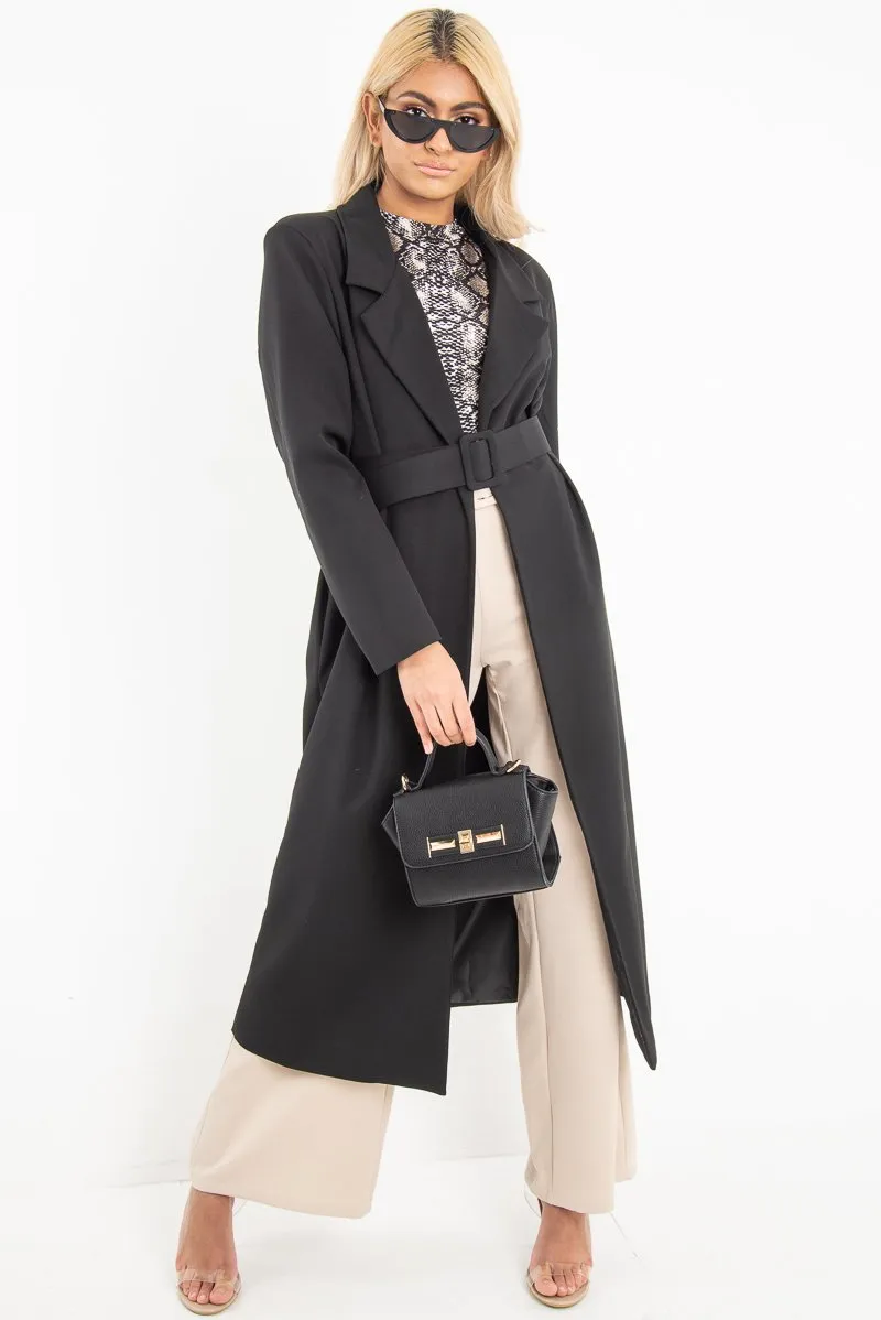 Black Longline Tailored Belted Coat - Joelle