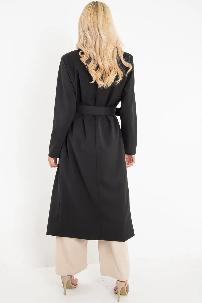 Black Longline Tailored Belted Coat - Joelle