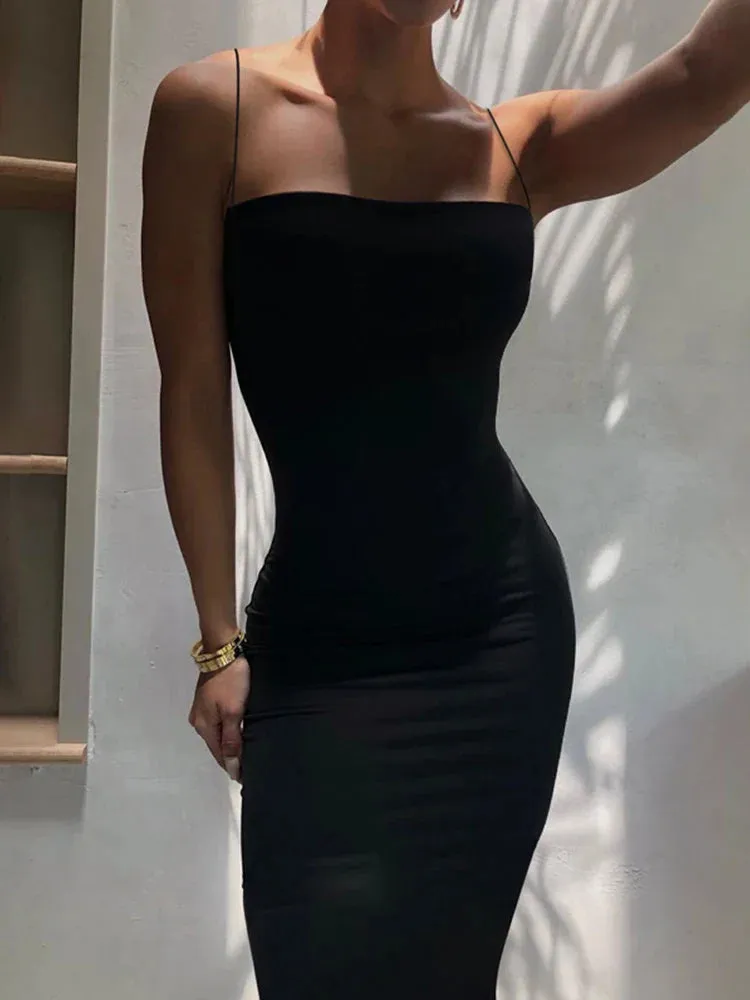 Black Spaghetti Strap Backless Solid Sleeveless Bodycon Dress for Summer Party