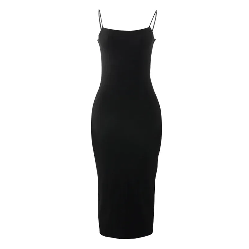 Black Spaghetti Strap Backless Solid Sleeveless Bodycon Dress for Summer Party