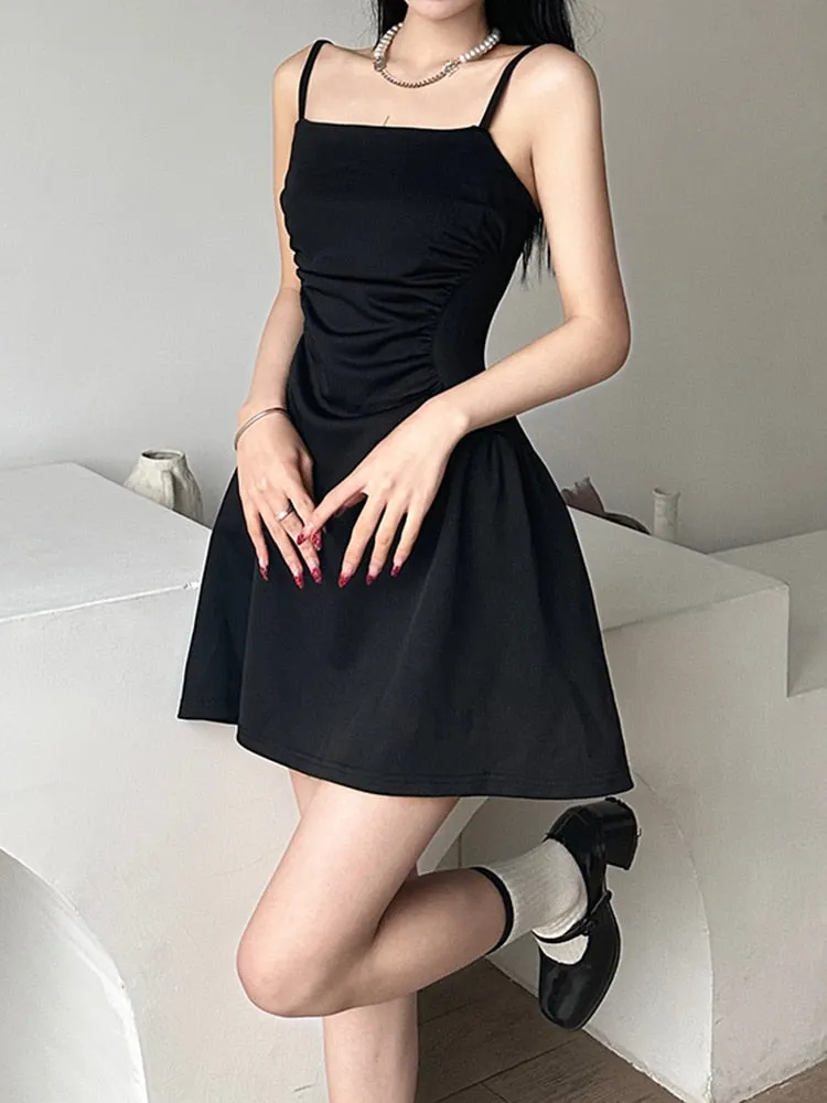 Black Strap Folds Mini Sleeveless Dress