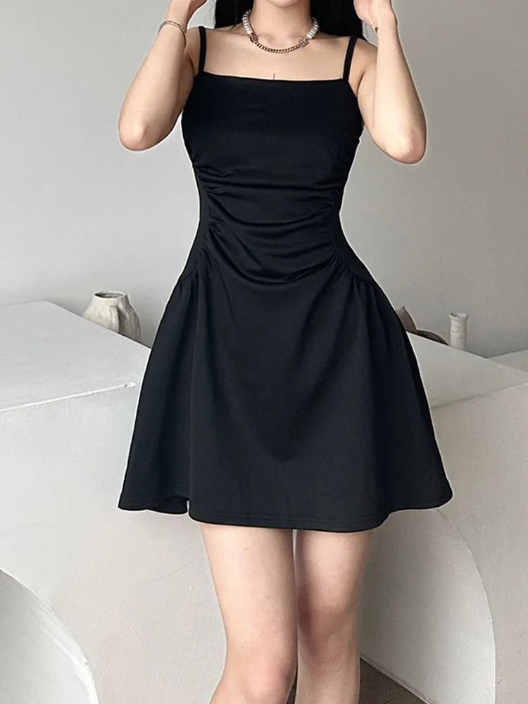 Black Strap Folds Mini Sleeveless Dress