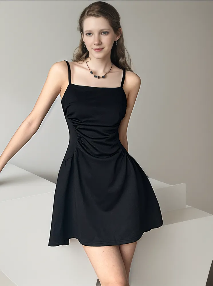 Black Strap Folds Mini Sleeveless Dress