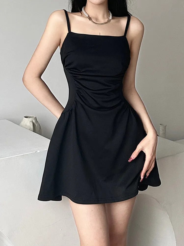 Black Strap Folds Mini Sleeveless Dress