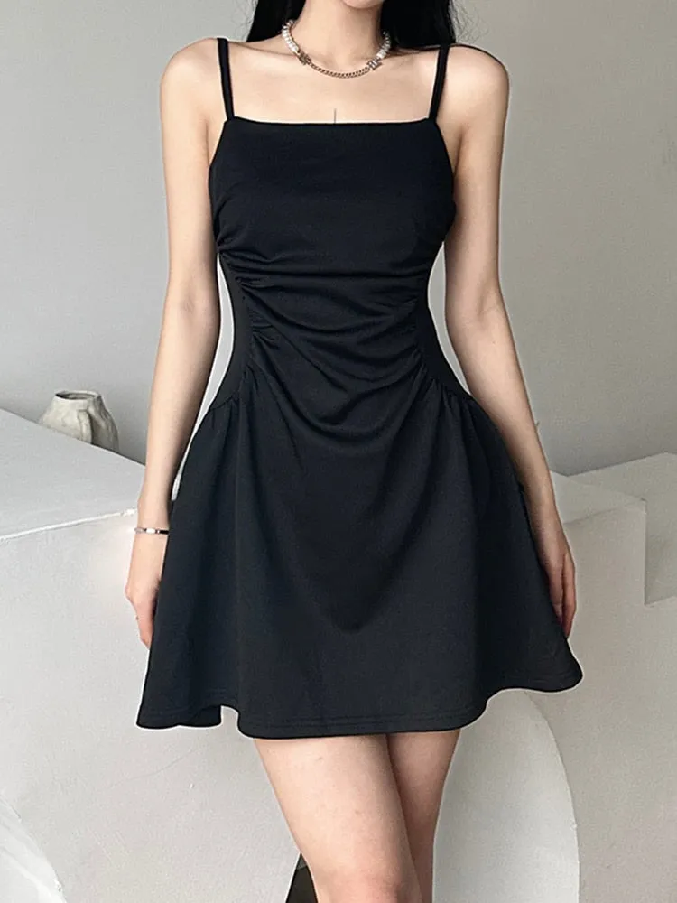 Black Strap Folds Mini Sleeveless Dress