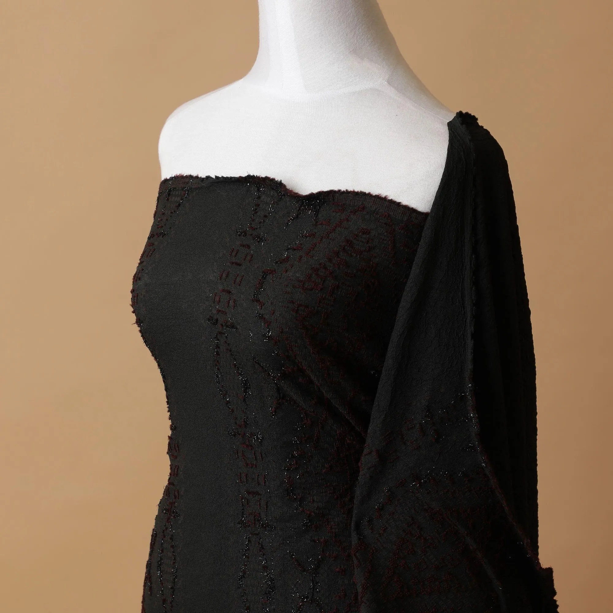 Black synthetic brocade with maroon weave in fancy design-D9258