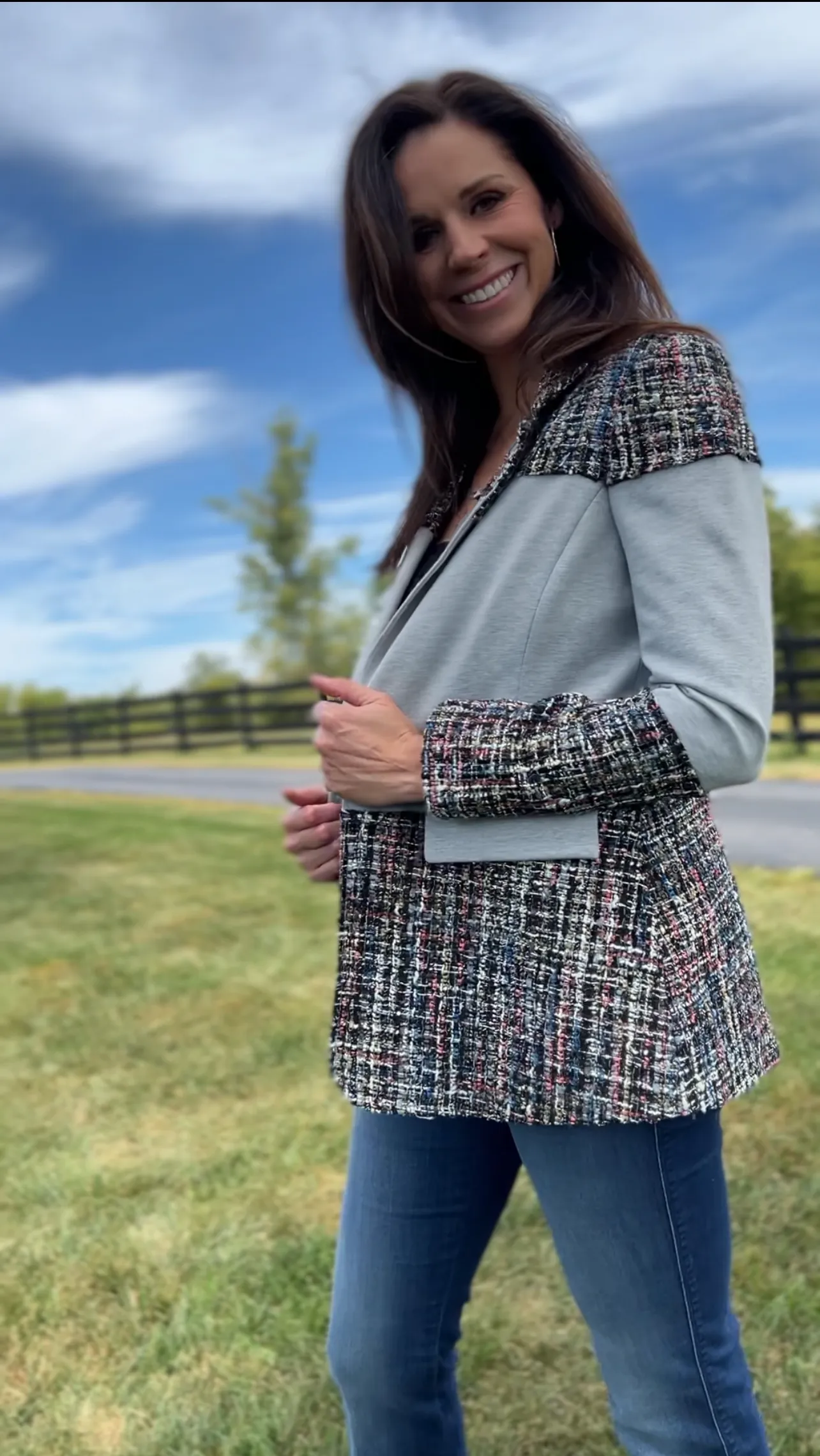 Blazer Tweed Ponte Sandwich Jacket (Grey)