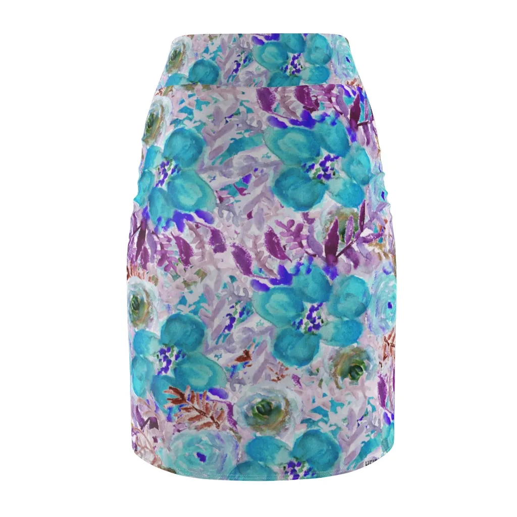 Blue Purple Floral Women's Skirt, Best Flower Print Girlie Best Designer Pencil Skirt-Made in USA