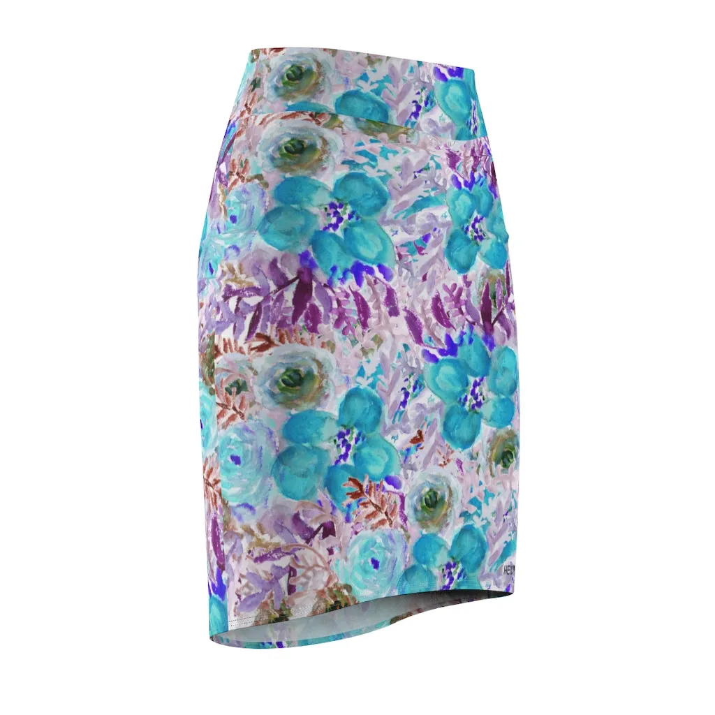 Blue Purple Floral Women's Skirt, Best Flower Print Girlie Best Designer Pencil Skirt-Made in USA