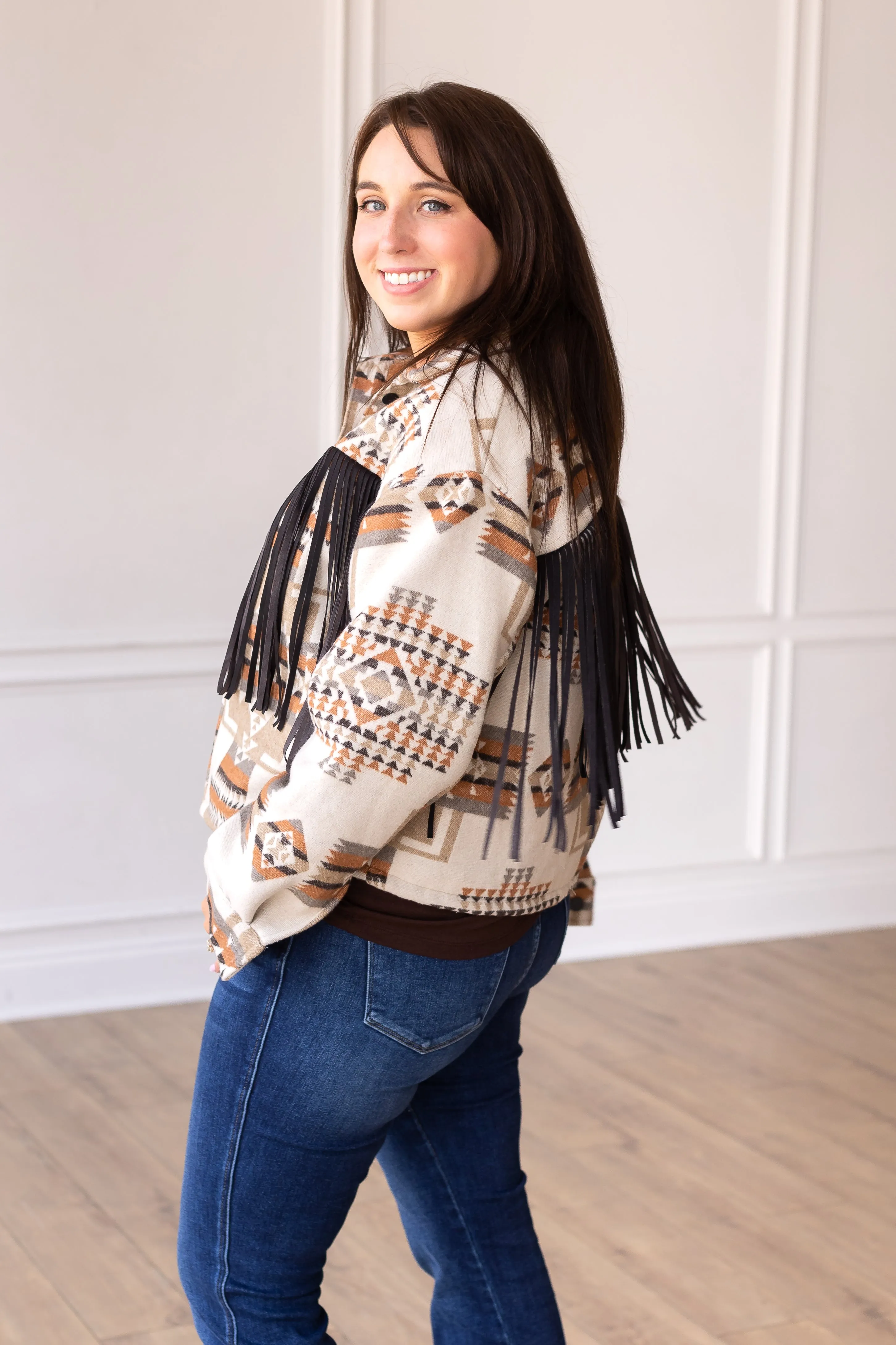 Boho Breeze Aztec Jacket with Fringe