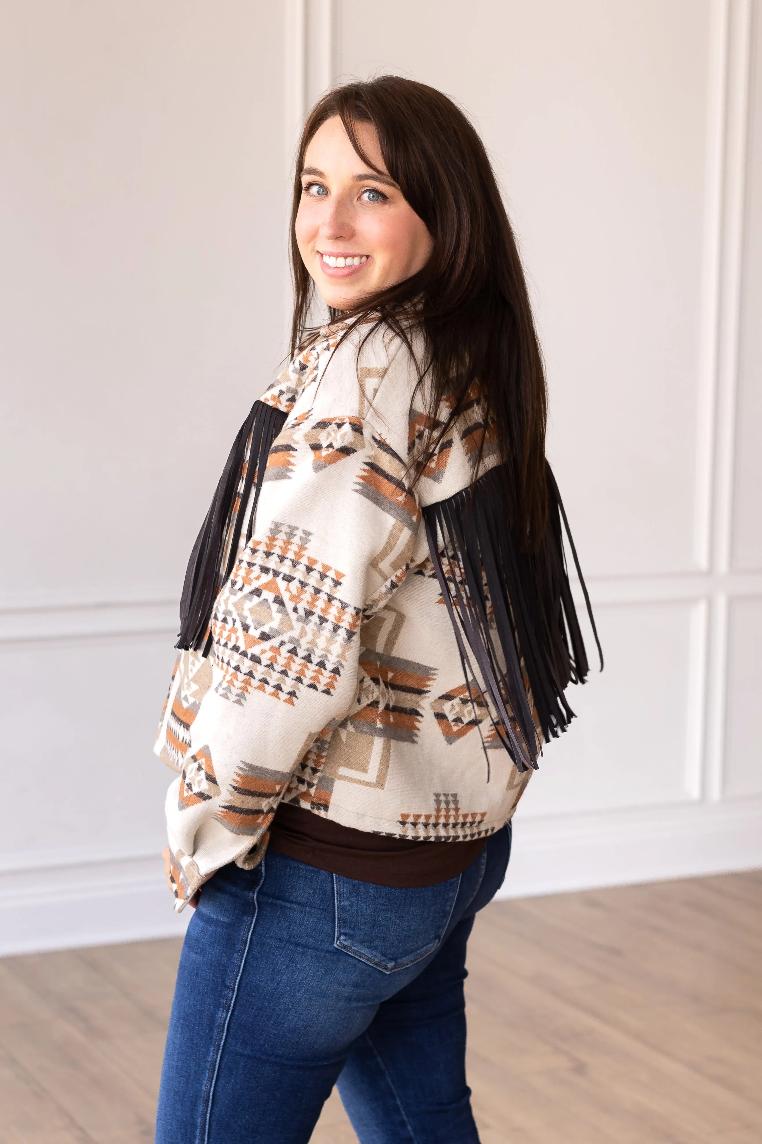 Boho Breeze Aztec Jacket with Fringe