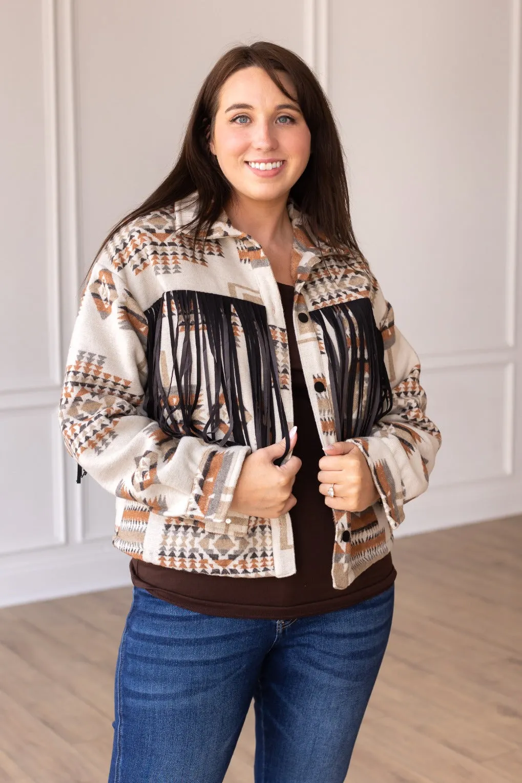 Boho Breeze Aztec Jacket with Fringe