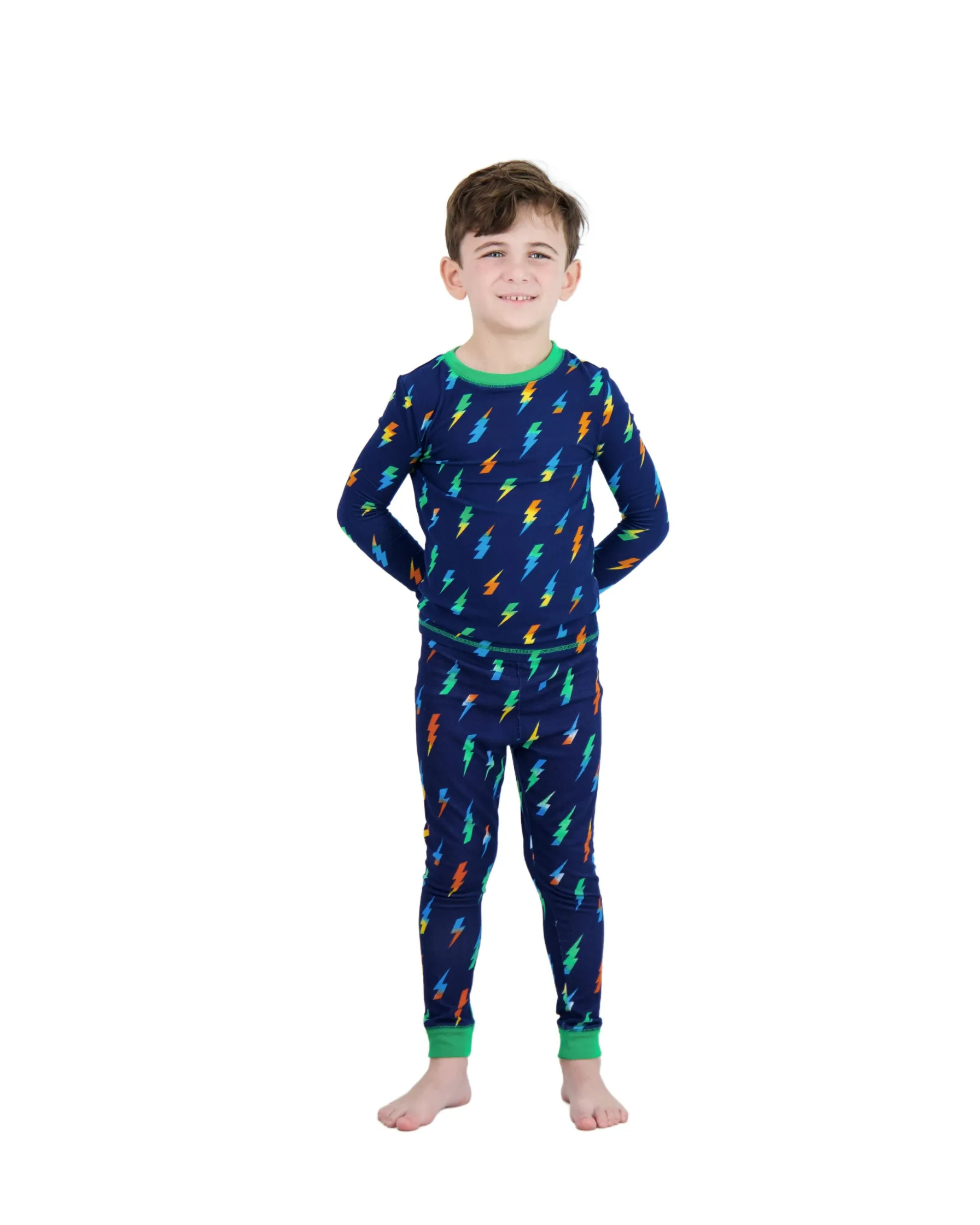 Boys 2-Piece Super Soft Jersey Snug-Fit Pajama Set- Bolts, Navy & Green Pajama Set for Boys