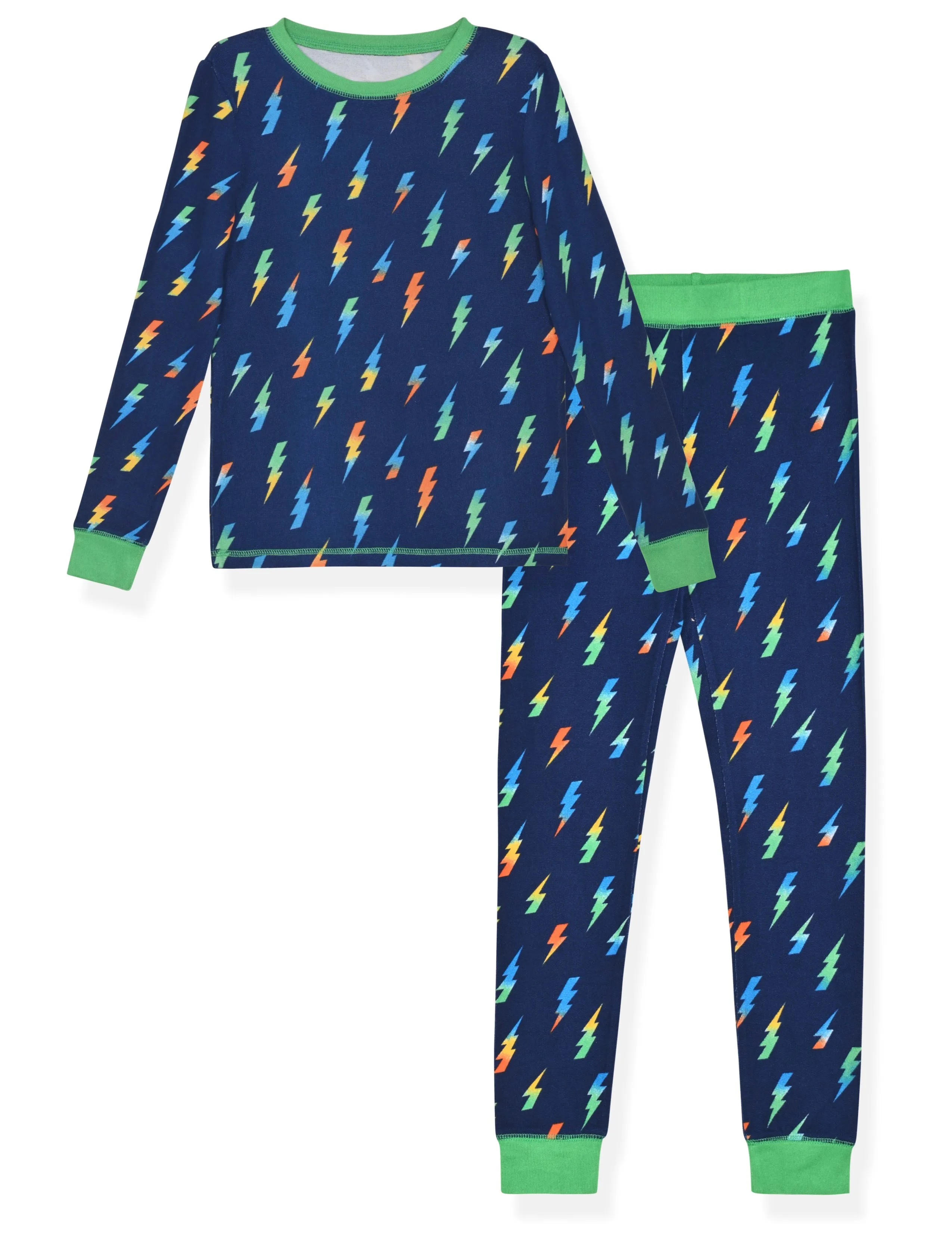 Boys 2-Piece Super Soft Jersey Snug-Fit Pajama Set- Bolts, Navy & Green Pajama Set for Boys