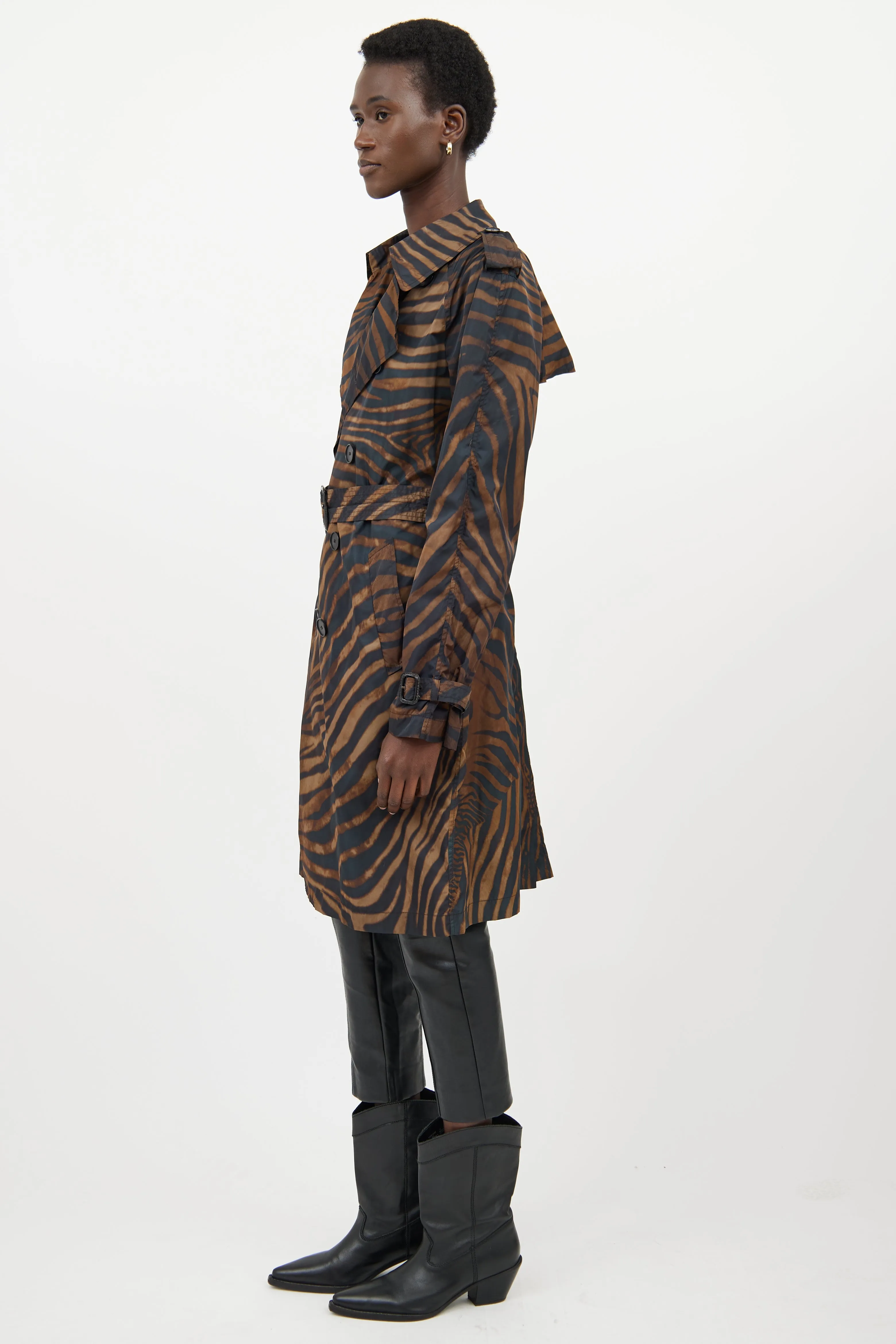 Brown & Black Nylon Striped Trenchcoat